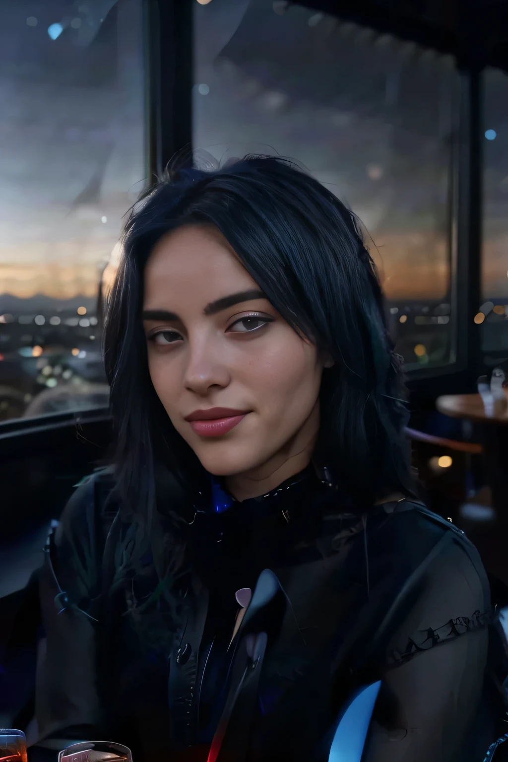 Photo of b1ll133 on a date with the viewer, solo, black hair, blue eyes, shiny skin, wolfcut hair, black dress, hyper-detailed, realistic, in a restaurant with the night sky view, NO BACKGROUNG PEOPLE, romantic, warm smile, valentine day, night sky, looking away