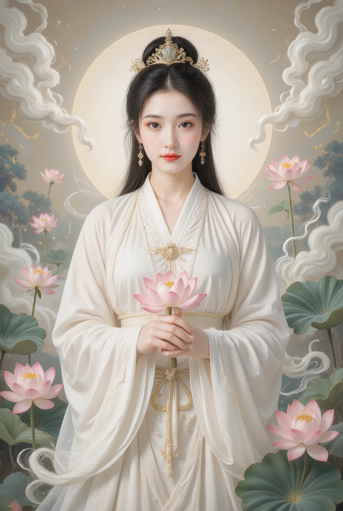 Front view,Guanyin Bodhisattva wearing white Hanfu,Wearing a white scarf on her head,She has black hair ,holding pink lotus flower。She stands on a lotus,There are lotuses at her feet and clouds behind her,Detail hands,She looked kind and beautiful,elegant,little smile