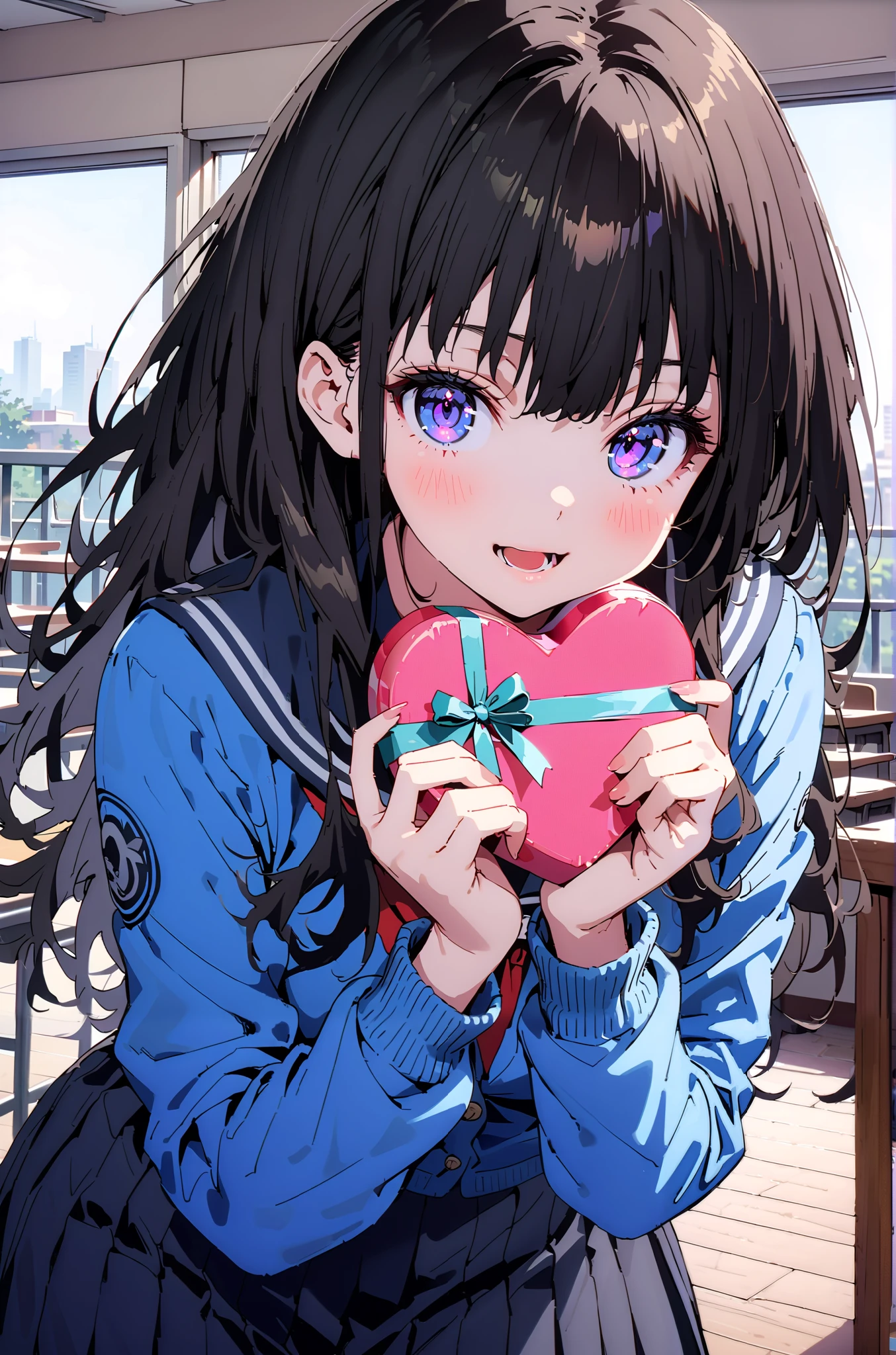 Takiuchikami, check it out, Alone, long hair, bangs, black hair, purple eyes ,smile,blush, open your mouth, black sailor suit that grabs the thigh,Glasses,blue cardigan, Long Sleeve, black mini pleated skirt ,A heart-shaped box, is standing,noon, whole bodyがイラストに入るように,
break indoors, classroom,
break looking at viewer,whole body,( cowboy shot 1 :5),
break ( Masterpiece:1.2), top quality , kampala, Unity 8k Wallpaper,(shape:0.8),( fine, beautiful eyes :1.6),It's a person ,whole body写真,CG Details , ( perfect hands, Complete Anatomy),),