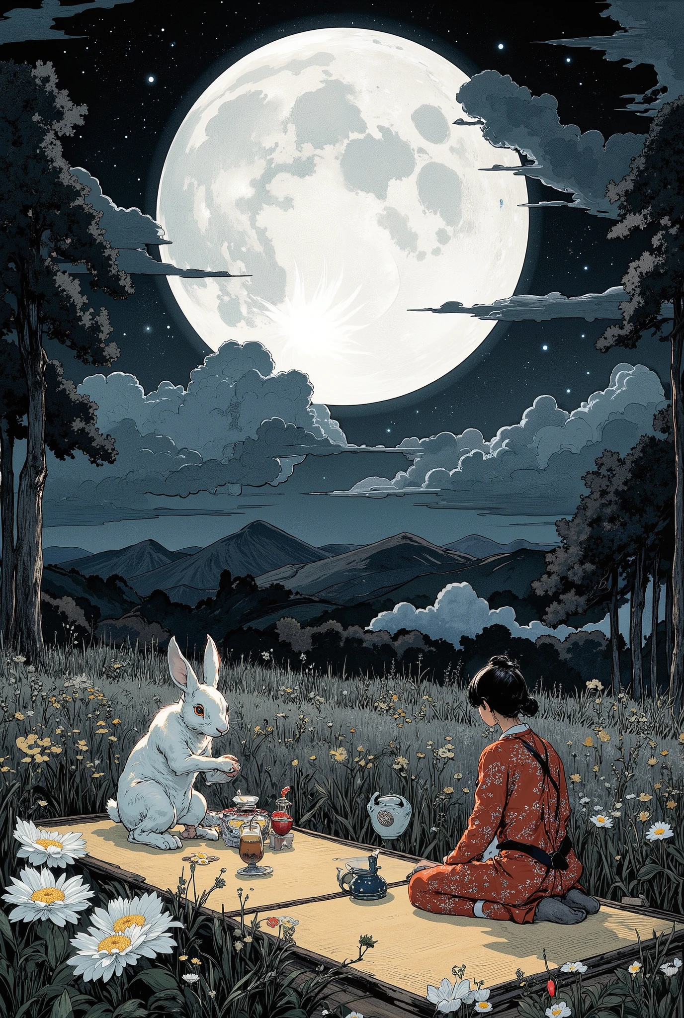 Night of a huge full moon , 1 tatami mat is placed on the prairie , 2 tea people hold a tea party , A huge full moon that shines white , surreal コラージュ, a contemporary artistic コラージュ, collage art work, new album jacket, Great Job !, digital collage ,collage art , contemporary collage, mixed media collage , surreal + high resolution, surreal style,convertible, drawn on a black base ,rabbit,Japanese silver grass🌾,Tea pot