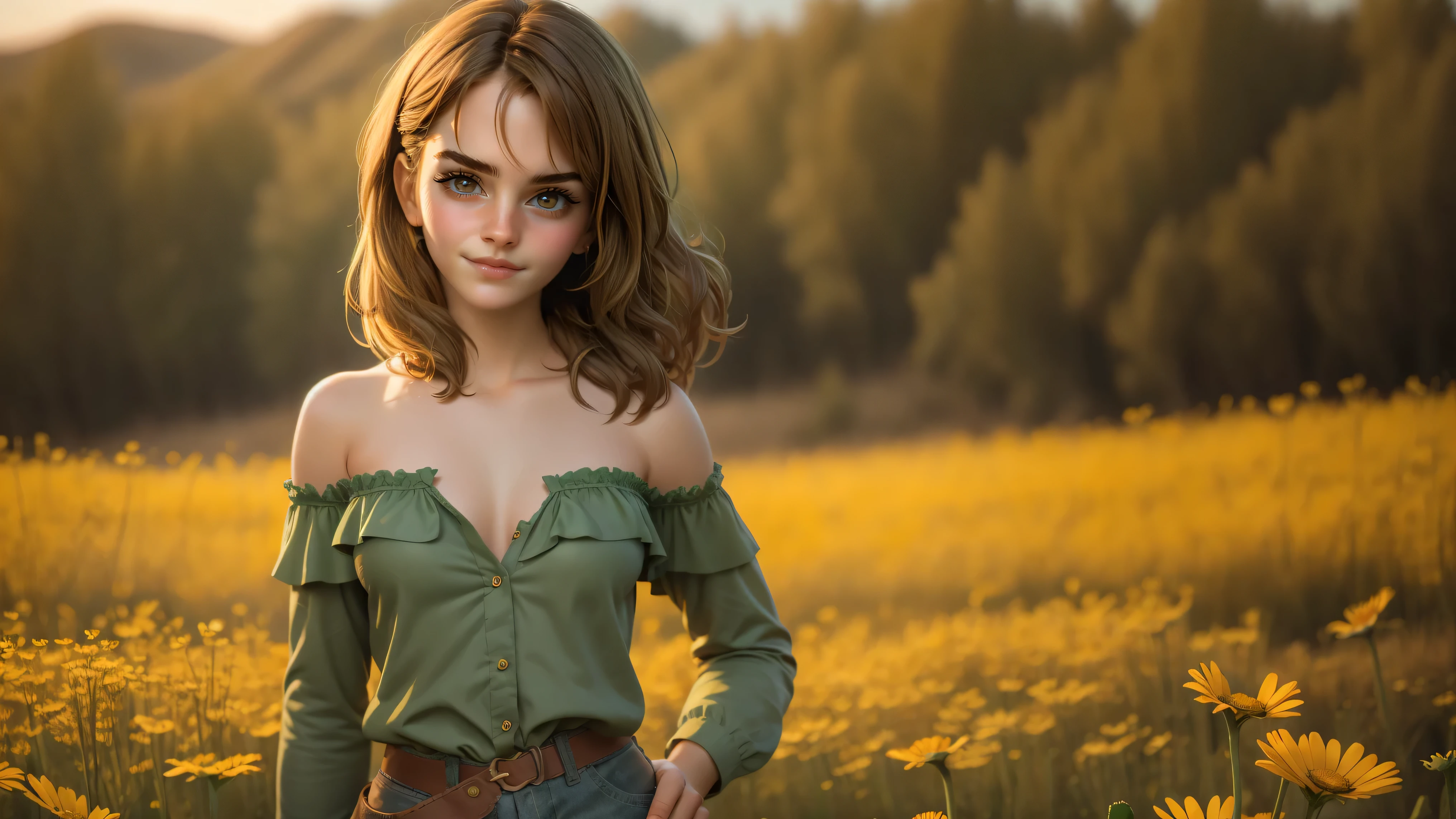 1girl, solo, (cute girl, young girl), (15yo), ((beautiful face)), glasses, ((green eyes)), ((standing upright in a field of wildflowers)), upper body, slim waist, ((perky )), ((cleavage)), ((hard )), (( pose,  face)), bangs, dark hair, messy hair, cleavage, navel, ((off shoulder blouse)), ((strapless blouse)),  smile,  , field of wildflowers background,
