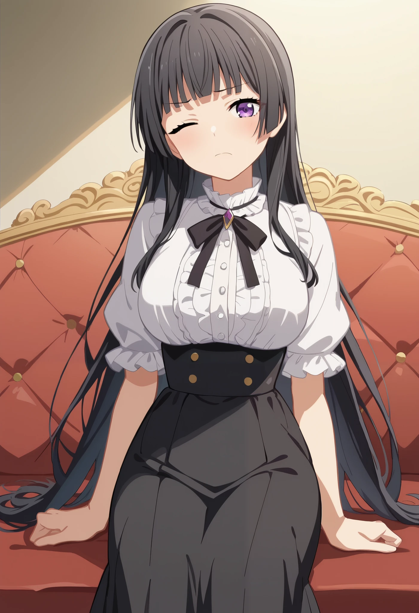 score_9, score_8_up, score_7_up, source_anime,masterpiece, anime screenshot, anime coloring, screencap, best quality, (official style:1.2), best quality, high quality, (Intricate detailed:1.2), (solo:1.2) 1girl,srknrnkcasual, shirokane rinko, black hair,very long hair,black ribbon,black skirt,blunt bangs,long skirt,white shirt, frilled shirt collar,frilled sleeves,frills,high-waist skirt,hime cut,neck ribbon,purple eyes, large breast, Sitting on the sofa, tsundere, Sulk, , Head turned side, One eye is closed, From front,