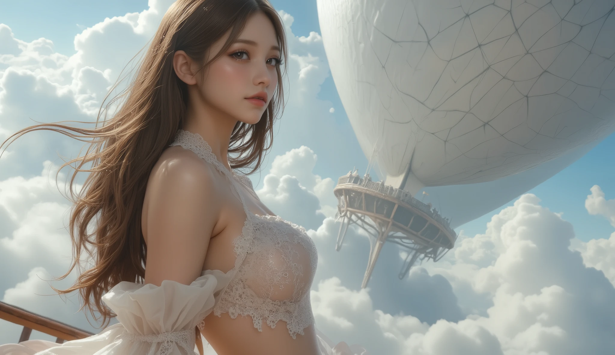 Whole body Description、((((Fisheye Lens))))、((((looking at the camera))))、Embarrassed、Building fire、City boulevard、Traffic jam、Lots of cars and buses、street tree、Pedestrian bridge、((((Pure white frilly dress)))),Giant Girl 50,000 feet high,Weight: 1000kg,With giant pink angel wings,,Crown on head,Elf with pink earrings,She has long hair that reaches down to her feet,Hair loss,Wavy long curly hair,Wearing long boots,Lace gloves,Lace Pantyhose,Pantyhose decorated with ribbons and stars,Pink lace whole body,Standing tall in a small town,Beautiful appearance,Exquisite makeup,quality,8k,High quality,Perfect Proportions, Cinema Lighting,Film Grain,The Colors of Fuji,8k,Textured skin,Super Details,Attention to detail,High resolution,False Smile,Bloodstain,Bloodstain on the soles of feet,whole body,obesity,Elf Princess,feather,Flowers,(((((Giant girl gracefully sits on top of a broken skyscraper in the city、)))))、(((Super huge breasts)))、((Plump thighs))、Chest、Sweat makes clothes transparent