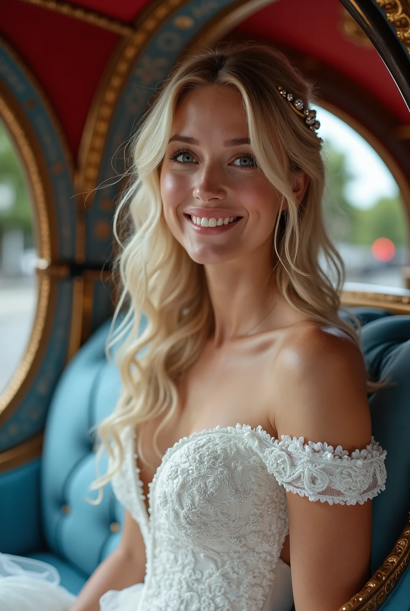 Renee Amberg, with her vibrant blue eyes and cascading golden locks, graced the vintage carousel at sunset wearing a stunning flowy white off-the-shoulder dress adorned with intricate lace details that danced in the fading light, capturing everyone's attention as she posed majestically before a stationary wooden horse, reflecting both her and the setting's magical essence, all framed perfectly by the camera capturing this unforgettable moment. <lora:pyujyy18f5ffae304q135:1>