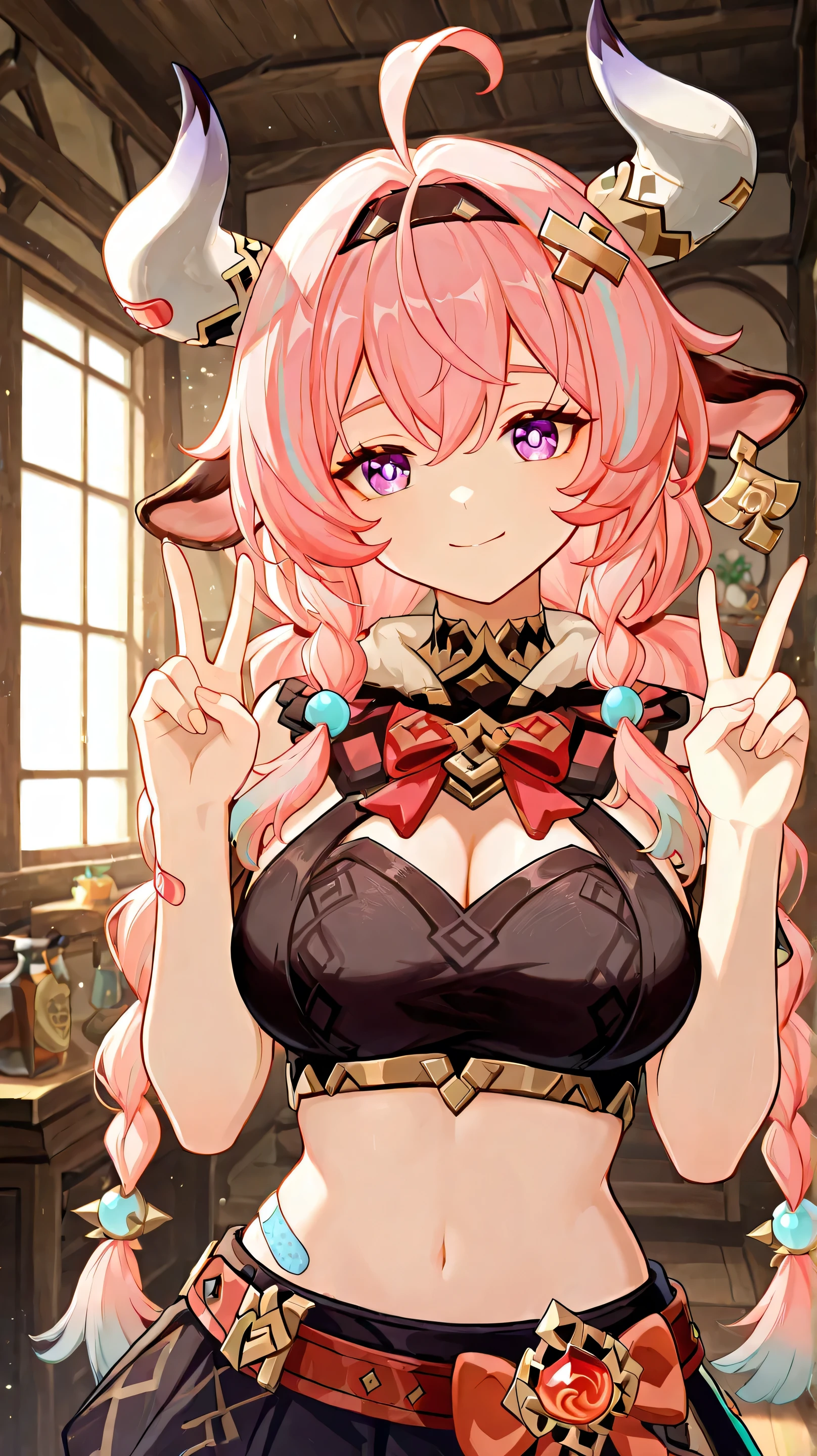 masterpiece, best quality, upper body, indoors, cinematic lighting, amazing quality, very aesthetic, absurdres, best quality, 4k, upscale,   Varesa, 1girl, solo, horns, pink hair, skirt, ahoge, animal ears, navel, purple eyes, bandaid, long hair, braid, black skirt, multicolored hair, smile, double v, twin braids, looking at viewer, midriff, bangs, hairband, cow horns,  hair ornament, cow ears, varesa, genshin  impact