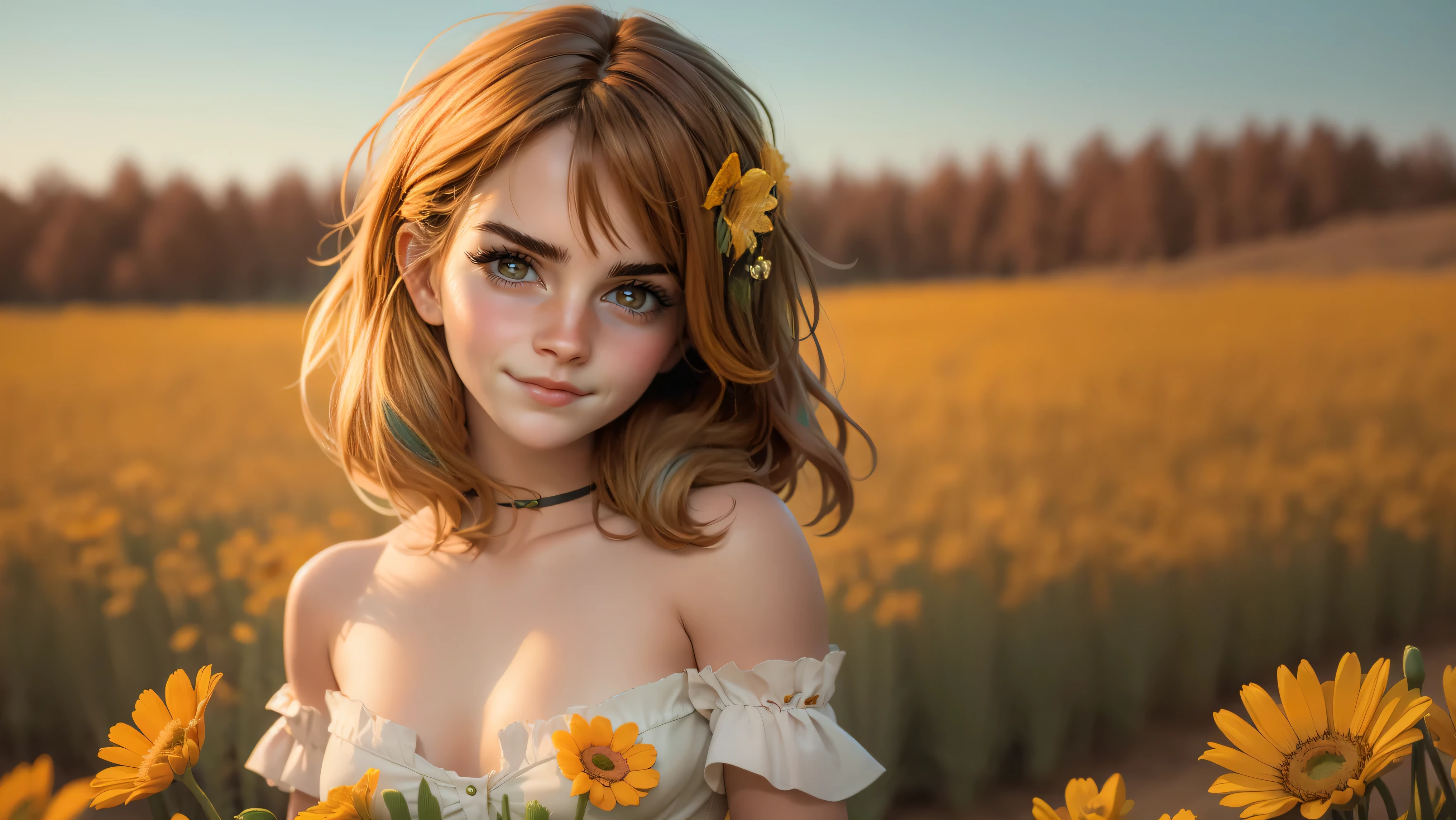 1girl, solo, (cute girl, young girl), (yo), ((beautiful face)), glasses, ((green eyes)), ((standing upright in a field of colorfull wildflowers)), upper body, slim waist, ((perky breast)), ((cleavage)), ((hard nipples)), ((sexy pose, naughty face)), bangs, dark hair, messy hair, cleavage, navel, ((off shoulder blouse)), ((strapless blouse)), seductive smile, sexy underwear, field of wildflowers background,