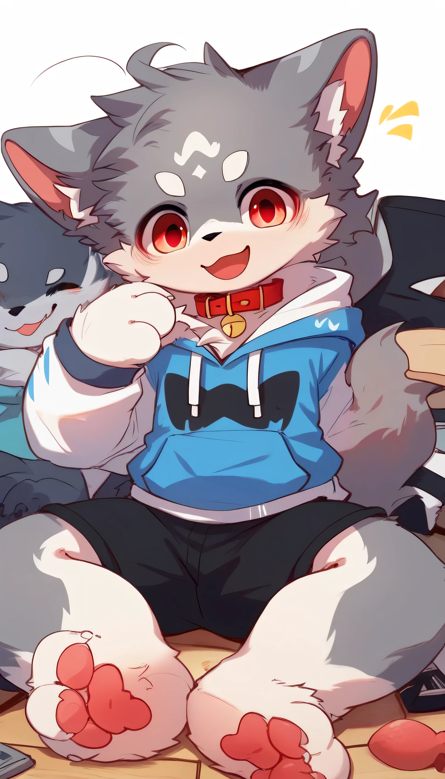   very detailed having fun in great detail,gray hair and gray fur , gray wolf , shemono,Grey Hair,,Participation, red collar on the floor,  cute face,  fluffy fur ,The three cute furries dance ！Horny boy , white background,  Embarrassed Face ,wide smile,happy smile cute grey fur fur, estrus, droopy ears, alone, black shorts  ,  sweatshirt , Long Sleeve ,trend,