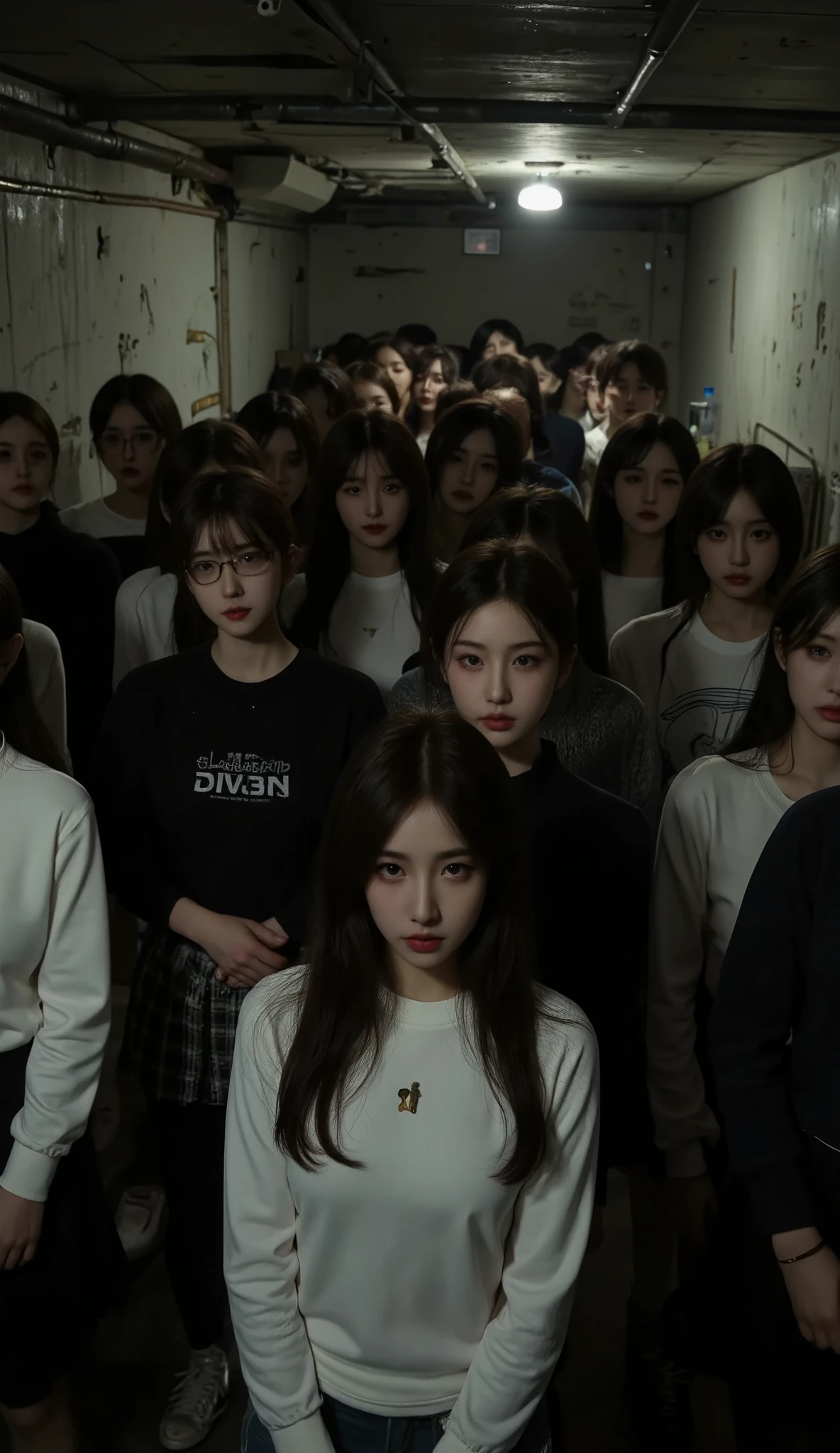 A large group of Japanese female idols standing in a dimly lit, dirty basement. They have anxious expressions filled with worry and tension. The basement walls are damp, and objects are scattered around. The lighting is dark, with faint and unsteady light illuminating the room. Photorealistic, high resolution, intricate details, realistic textures.