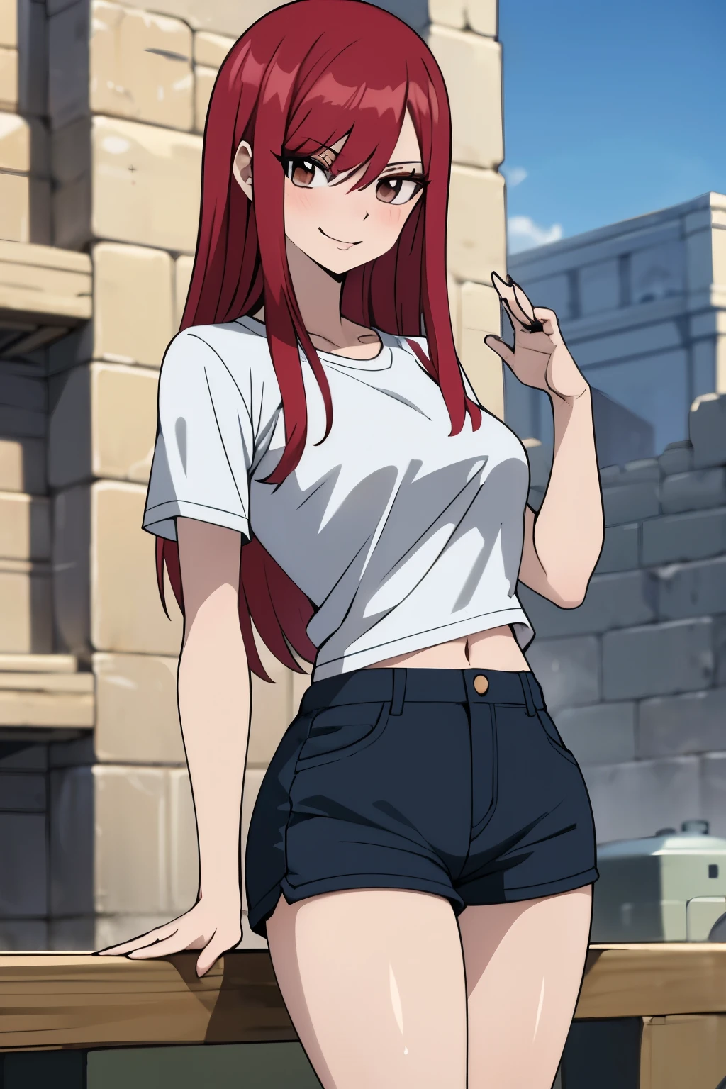 absurdres, highres, ultra detailed, young adult, (5 foot 6 inches tall), Erza scarlet ,blush , solo, brown eyes, oversized light grey t-shirt, black shorts, medium chest, medium ass, wide legs, looking at viewer, straight hairstyle, flirty smile, posing for photos.
