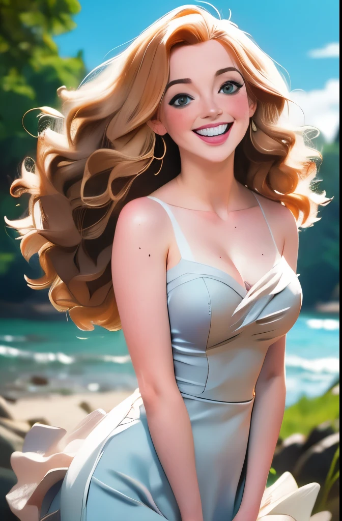 Woman sitting on the grass in a bikini top, beautiful and smiling, 23 years old, cartoon style, caricature