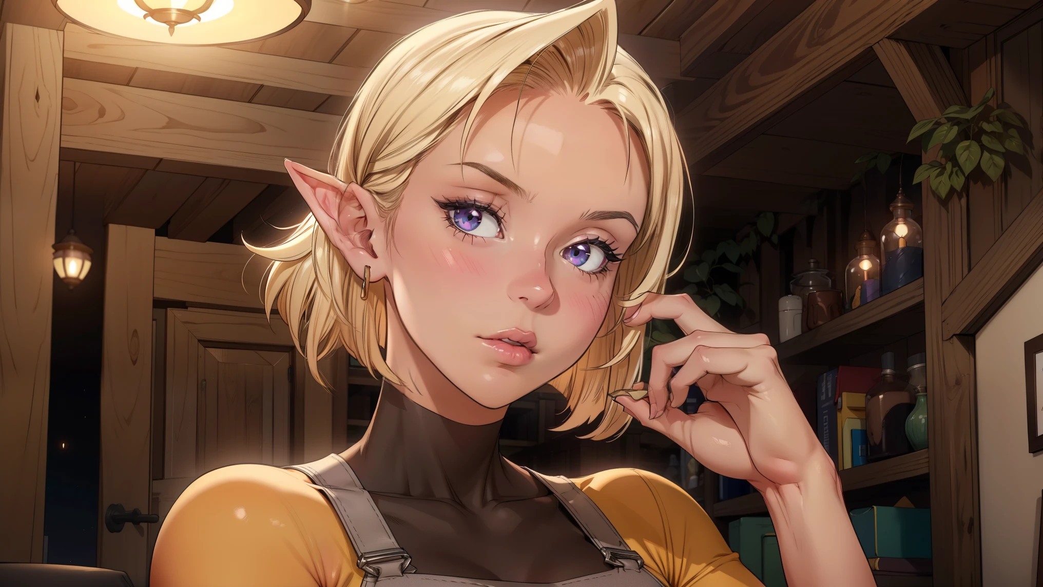 Female, 25 years old, twin tail, Perm Hair, purple, blue eyes, apron, (quality)), ((masterpiece)), (( medieval fantasy setting)). origin:  super detail,  High detail ,  high quality,  best quality,  high definition, 4K,  detailed face, face correction , detailed hands,  detailed fingers ,  portrait,  1girl " Echo is a 22-year-old half-elf ..   she has light brown skin  .  thick light brown hair with caramel highlights and soft waves .  Green brown eyes .  Her beautiful oval face with soft features and pronounced cheekbones .  She has full and attractive lips with a natural blush .  A small scar above her right eyebrow .  The ears are small,  like a person ,  but a pointy , like an elf  .  Her physique is athletic and slim ,  she is fit and flexible .  She has a round and firm figure ."
 Clothing. overalls: Облегающий overalls из черной эластичной ткани,  tight body for freedom of movement and maximum flexibility .  The jumpsuit has several hidden compartments for small items and weapons .  They don't reflect light ,  which makes it ideal for night missions or penetrating dark rooms ., best quality, very detailed BREAK, looking at viewer, masterpiece, best quality, very detailed, desire, blush, (beautiful and detailed eye description), (beautiful and detailed face), Perfect female body, (best quality), (super detailed), (master piece), (high resolution), (original), (Extremely detailed CG Unity 8k wallpaper)