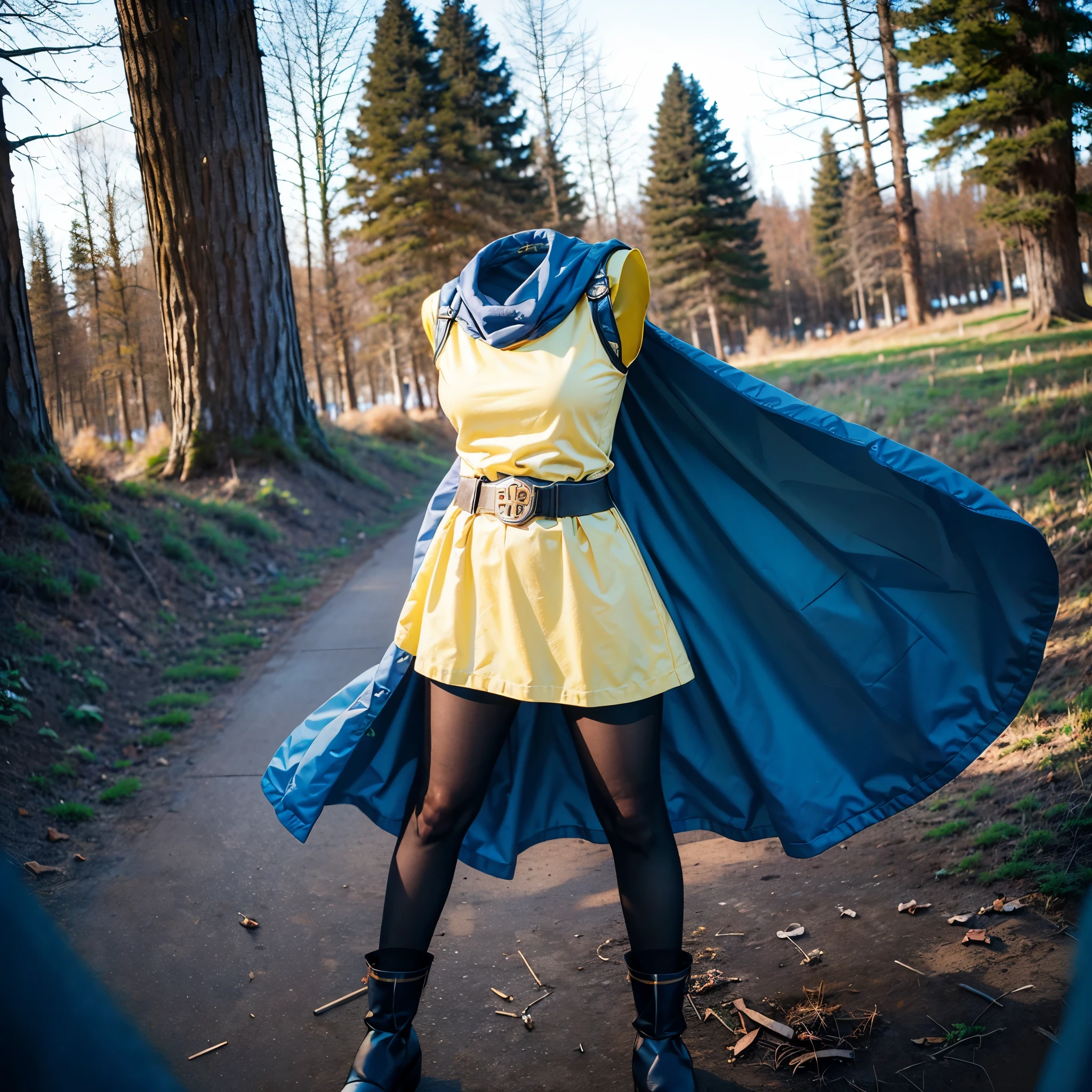 (8k, RAW photo, best quality, masterpiece:1.2), (realistic, photo-realistic:1.37), photon mapping, radiosity, ((Hasselblad photography)), physically-based rendering, (invisible, no humans, headless, faceless:1.5), yellow dress, cape, pantyhose, gloves, belt, black pantyhose,blue cape,boots,sleeveless,yellow dress,yellow skirt, dq4-alena, (close-up shot of breast), in forest