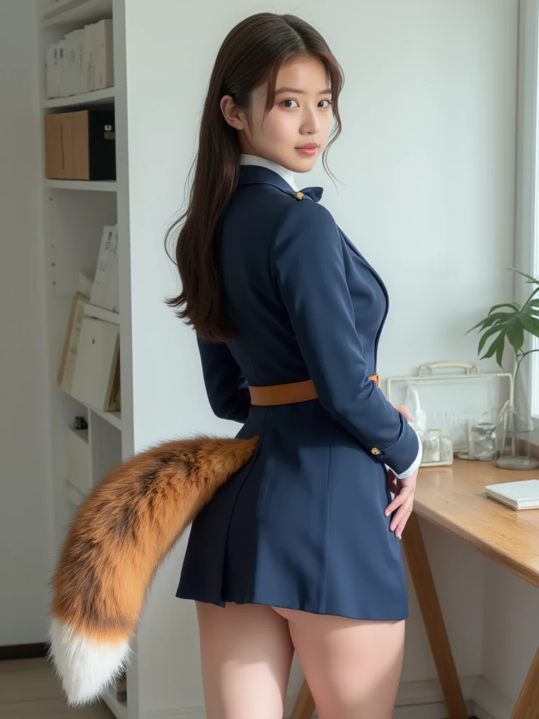 ((highest quality, 32k)), ((masterpiece)), (Familiar), Perfect Face, Fox Girl, Beautiful woman, public, Has a tail, She has a fluffy tail, She has a red fox's tail., She wags her tail, smile, bell collar, She is wearing a pantsuit, Beautiful Hips, Big Breasts, Big tail, A tail sticking out from a pantsuit, she turns around