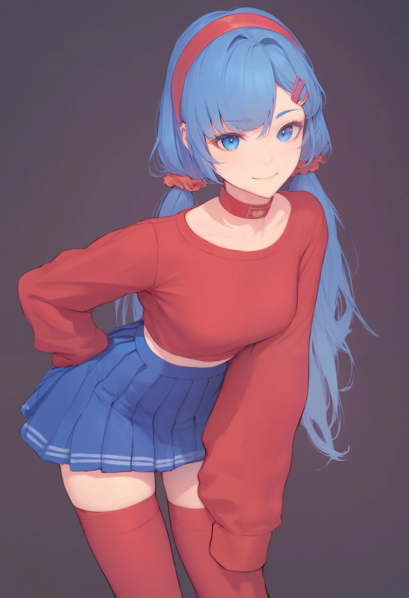 1girl,blue hair,hair ornament,hairband,hairclip,blue hair,long hair,twintails,hair scrunchie,blue eyes,red hairband,red collar,red shirt,long sleeves,blue skirt,pleated skirt,red thighhighs,red socks,blue footwear,miniskirt,shoes,crop top,solo,thighhighs,skirt,looking at viewer,jewelry,choker,ribbon choker,closed smile,leaning forward,looking down at viewer,thigh highs,black background,masterpiece,best quality