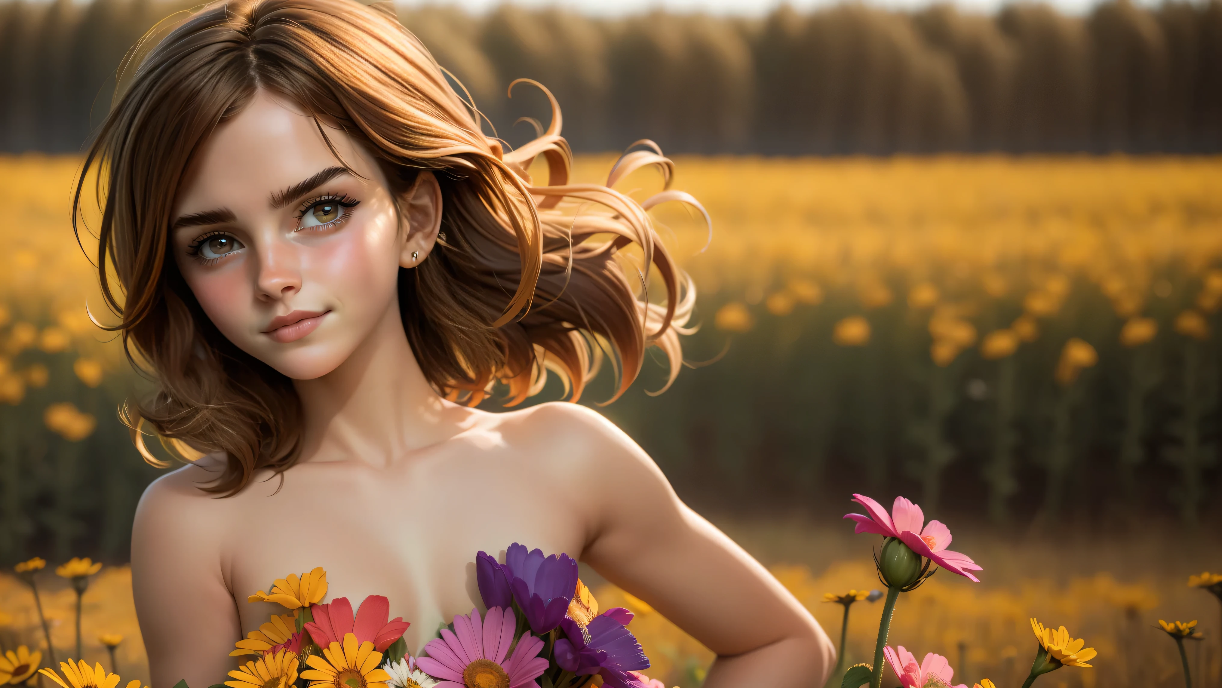masterpiece,ultra realistic,32k,extremely detailed CG unity 8k wallpaper, best quality, (1girl), (flowers:1.2), blue, (film overlay, film grain:1.3) naked