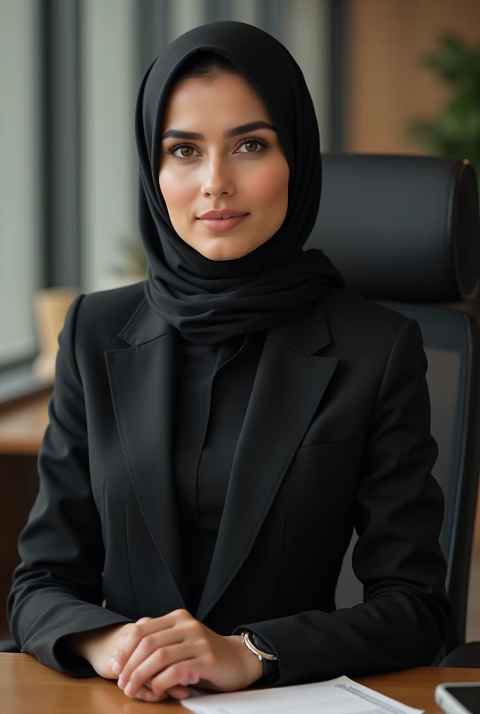 30 year old, malay women, oval face!!, (oval face), not skinny, potrait, ( Dead Rank 1.3), wearing black suit glamour, wearing hijab scarf, polite girl, infornt of office desk, cinematic scene, masterpiece, 4k HD, 8k hd