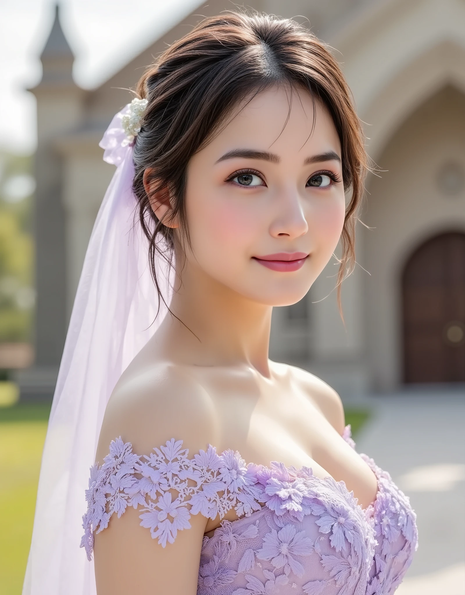 (realistic, photo-realistic:1.4), (extremely detailed 8k wallpaper), bokeh, detailed beautiful eyes and skin, (Image from thighs to head:1.3), (Japanese idol:1.3), 25yo, beautiful woman, smile, large breast, 
Lilac silk evening gown, Elegant, Opera house lights, Classic theater ambiance,