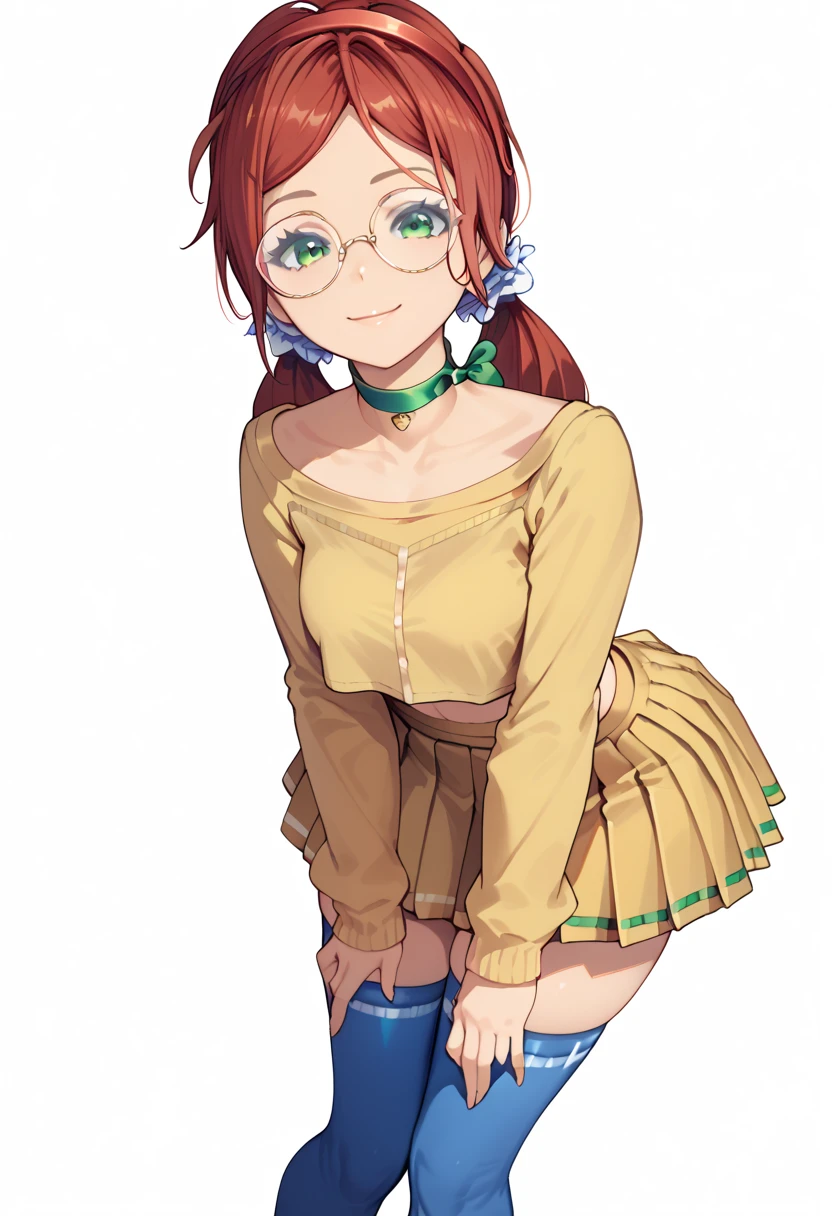 1girl,mita,miside,red hair,long hair,twintails,hair scrunchie,green eyes,red hairband,green collar,beige yellow shirt,long sleeves,beige yellow skirt,pleated skirt,white thighhighs,blue socks,white footwear,miniskirt,shoes,crop top,solo,thighhighs,skirt,jewelry,choker,ribbon choker,closed smile,leaning forward,looking at viewer,thigh highs,white background,masterpiece,best quality,from_below,round glasses
