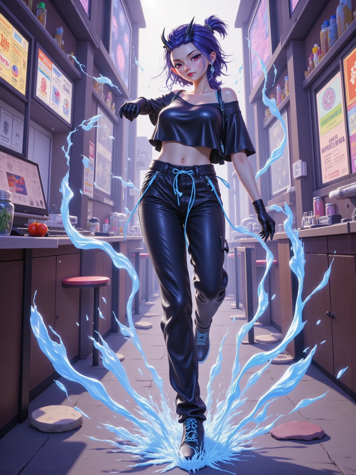 Aorun, 1girl, mob psycho, full body, looking at viewer, baggy pants, audio soundwave, baggy pants, black shirt, one arm handstand, black glove,dynamic lighting, masterpiece, best quality, ultra detail, awa quality, high res