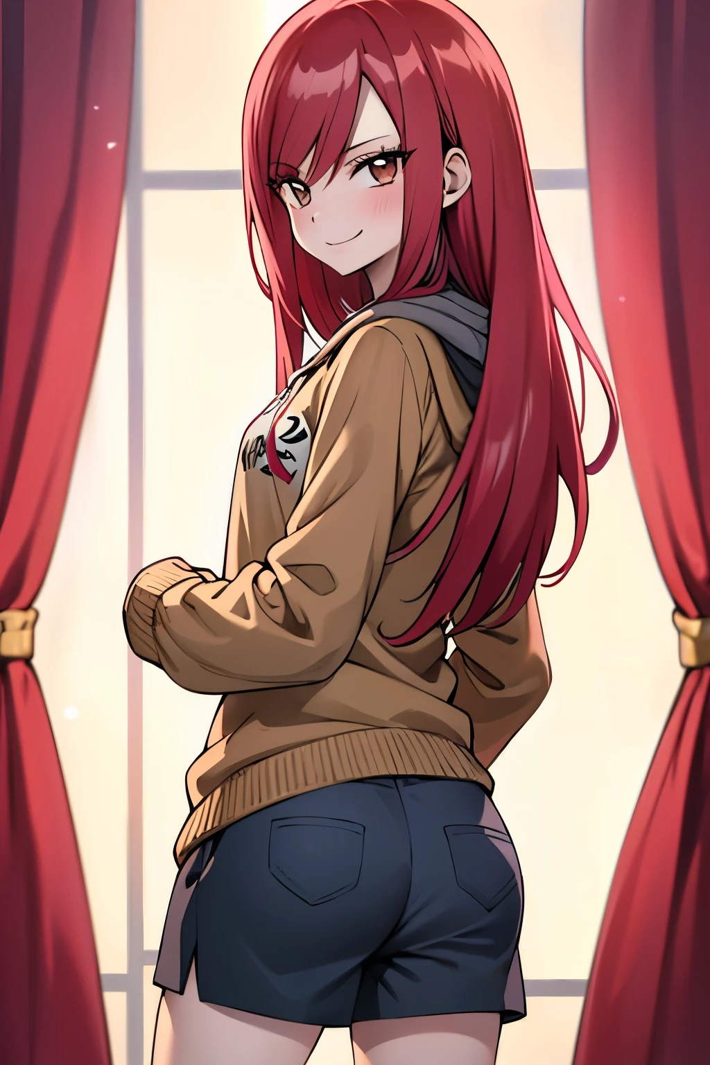 absurdres, highres, ultra detailed, young adult, Erza scarlet ,blush , solo, brown eyes, dark grey hoodie (hood down), black shorts, medium chest, medium ass, wide legs, looking at viewer, straight hairstyle, , long hair, flirty smile, posing for photos.