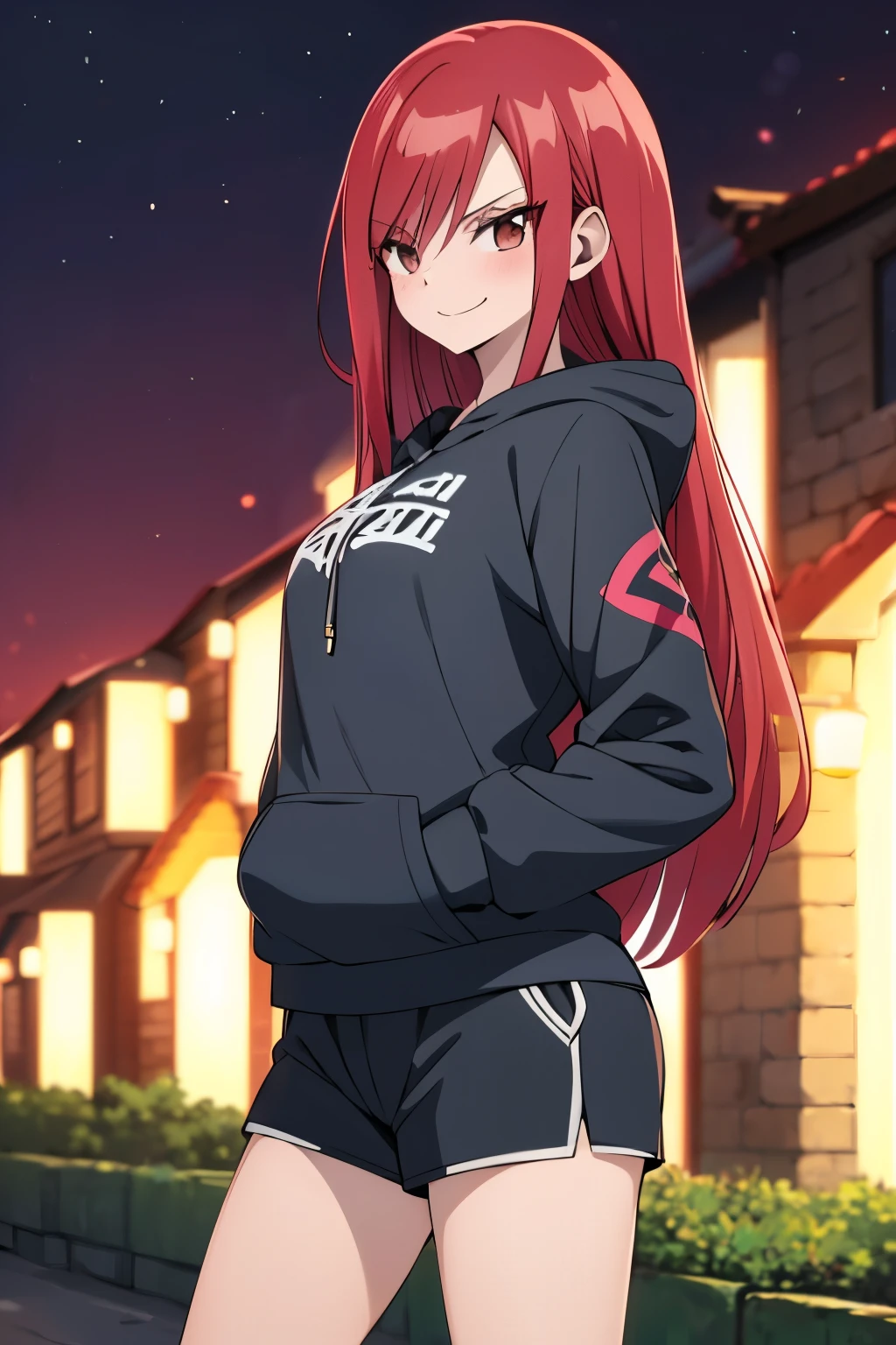 absurdres, highres, ultra detailed, young adult, Erza scarlet ,blush , solo, brown eyes, dark grey hoodie (hood down), black shorts, medium , medium , wide legs, looking at viewer, straight hairstyle, , long hair, flirty smile, posing for photos.