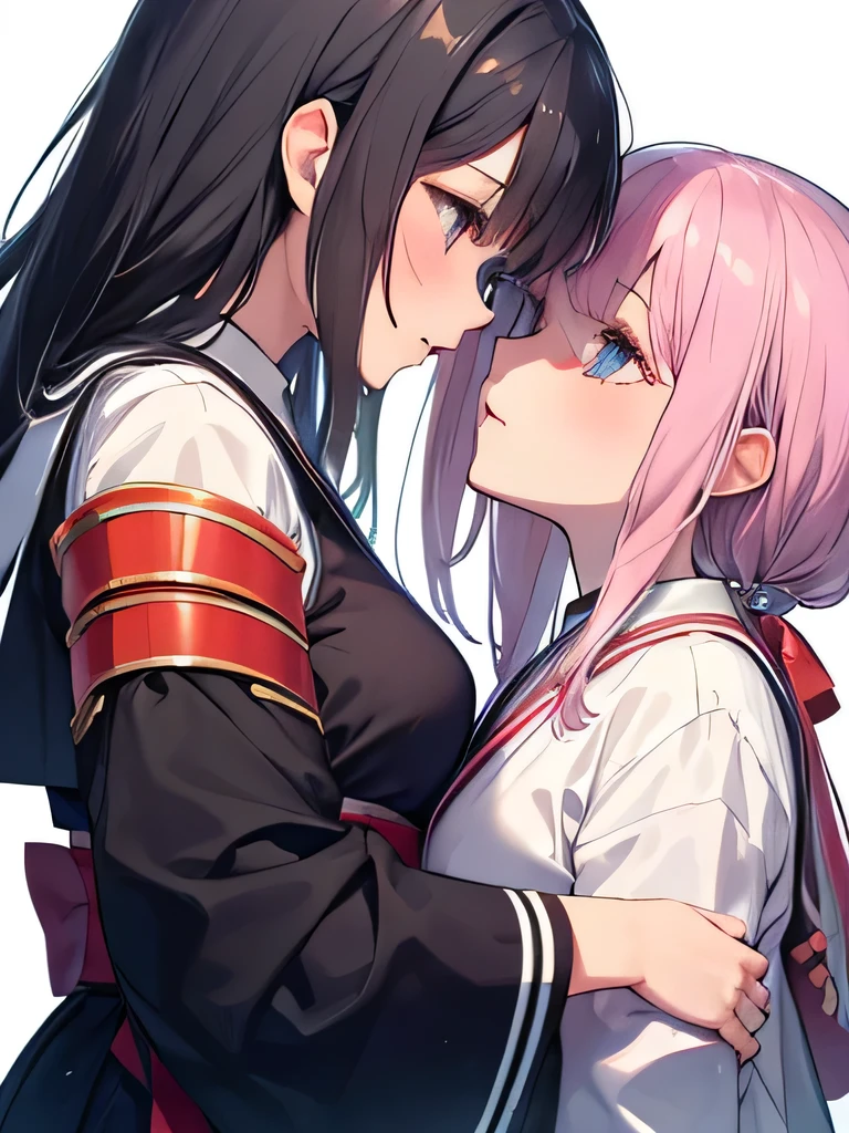 (The 8k quality, Highly detailed, masutepiece, Ultra-detailed),２girl with、japanes、a sailor suit、a miniskirt、Breakdown,Sitting across from each other,a bed,((Kiss on the cheek))、(((French kiss)))、embracing each other，Push each other、Staring at each other、Moist eyes、Half-open lips、Beautiful、red blush(0.2)、Functional、seductiv、Trance、instigate、Beauty、bustup、Shunguang、、Shoot diagonally down from the front、precise drawing、Detailed drawing、Precise anatomy、dress room、beatiful backgrounds,(NSFW:0.5)