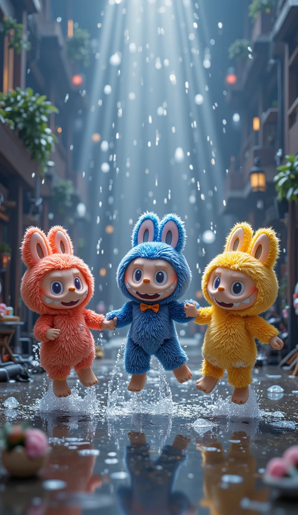 disney pixar illustration、Two girls reflected in a wide-angle lens with illuminations in the background。The woman on the right is Bob.、me'me 머플러 끼고 있어。girl on the left、me wear a long white hoodie and an outer layer inside.。