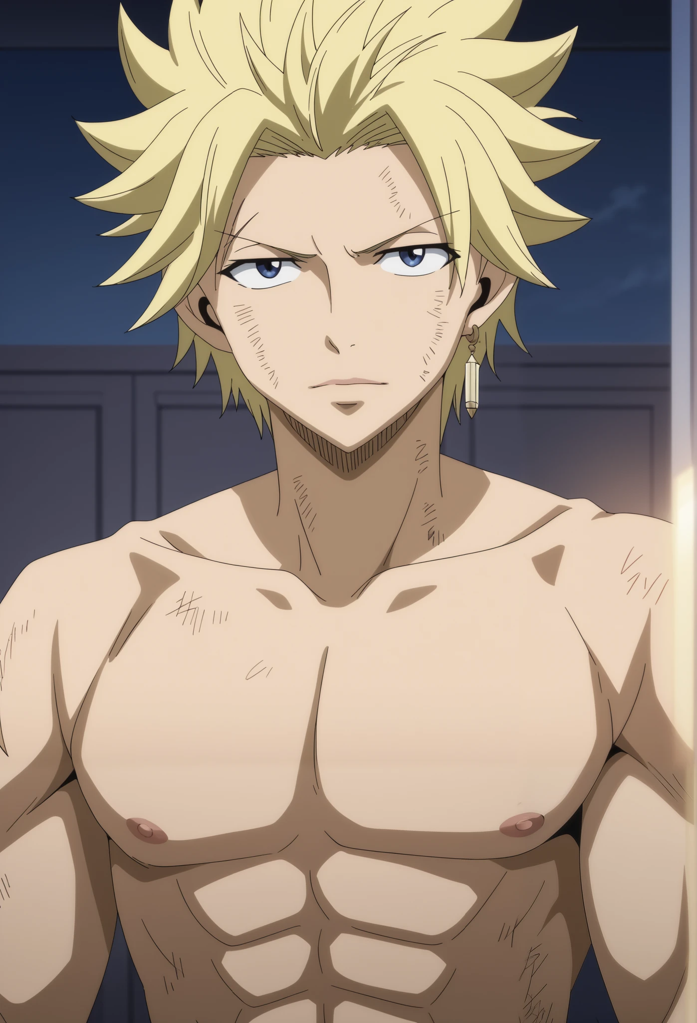 front view, Frontal portrait, looking at viewer, score_9, score_8_up, score_7_up, source_anime, StingFT, Sting blonde hair, light yellow Sting, 1boy, male focus, anime screencap, in blue boxer men's underwear, naked torso, bedroom, official style, intricate details, open silk black robe, detailed face, front view, Frontal portrait, looking at viewer, background with soft shadows, soft blue lighting highlighting his features, high-quality anime details, vivid colors, official style, medium close-up