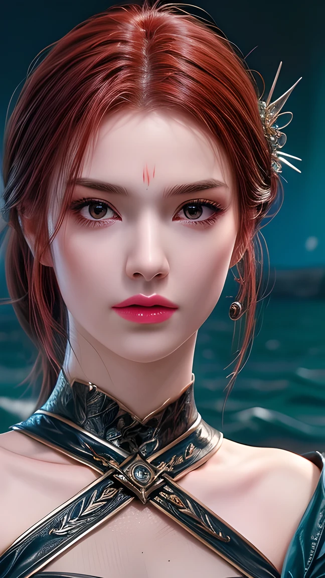  masterpiece,  best quality, illustration, Super Fine, Meticulous attention to detail,  high resolution,  8k wallpaper,  perfect dynamic composition, Full body photo ，Full body close-up， Beautiful Detailed Eyes  , red ress ,The face feels ecstatic , face in an orgasmic state,Slightly red face， looks at the audience, ((Ocean background)),  in Mark Demsteader's style， Blue Dress，Blue Artifact ，Holding a trident。