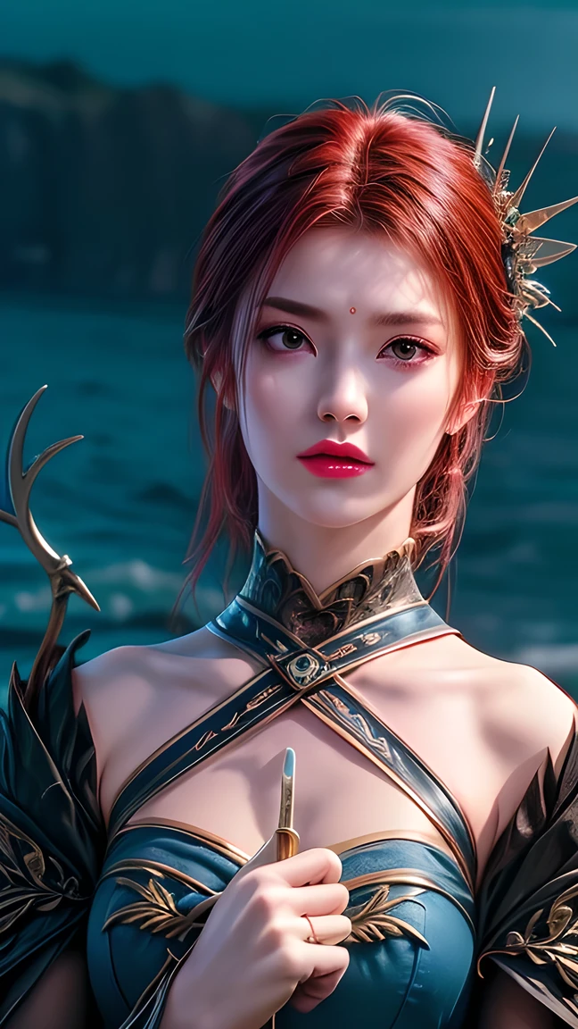  masterpiece,  best quality, illustration, Super Fine, Meticulous attention to detail,  high resolution,  8k wallpaper,  perfect dynamic composition, Full body photo ，Full body close-up， Beautiful Detailed Eyes  , red ress ,The face feels ecstatic , face in an orgasmic state,Slightly red face， looks at the audience, ((Ocean background)),  in Mark Demsteader's style， Blue Dress，Blue Artifact ，Holding a trident。
