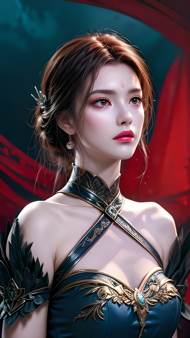 masterpiece, best quality, illustration, Super Fine, Meticulous attention to detail, high resolution, 8k wallpaper, perfect dynamic composition, Full body photo ,Full body close-up, Beautiful Detailed Eyes , red ress ,The face feels ecstatic , face in an orgasmic state,Slightly red face, looks at the audience, ((Ocean background)), in Mark Demsteader's style, Blue Dress,Blue Artifact ,Holding a trident。
