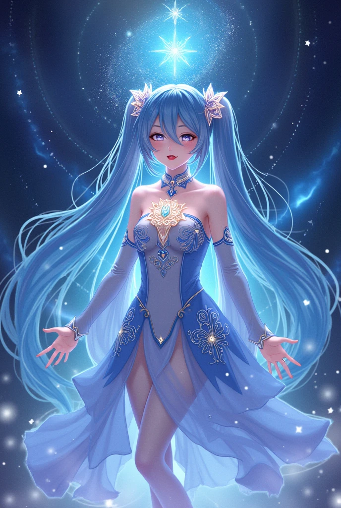 In the depths of the interstellar sea, where galaxies dance and nebulas shimmer, there exists a celestial being unlike any other – a space mermaid of ethereal beauty and boundless curiosity. With skin as rich and deep as the most vibrant amethyst, she glides gracefully through the cosmic currents, her three eyes sparkling with the wisdom of ages unknown.

Her tail, a mesmerizing fusion of blues, teals, and greens, trails behind her like a comet's tail, leaving trails of stardust in its wake. Each strand of her hair mirrors the colors of her tail, flowing freely in the weightlessness of space, catching the light of distant stars as she navigates her celestial domain.

But what truly sets her apart are her antennae – delicate tendrils reaching out into the vast expanse, attuned to the subtle energies that pulse through the universe. With these antennae, she senses the ebb and flow of cosmic forces, guiding her through the mysteries of the cosmos with an intuition as ancient as the stars themselves.

In the resplendent glow of her third eye, she sees beyond the veil of time and space, glimpsing the secrets hidden in the fabric of reality. It is through this eye that she seeks to understand the universe and her place within it, forever drifting on the currents of infinity, a celestial guardian of the cosmic depths.goddess of galaxies, mermaid, mermaid body, galactic sized goddess, alien princess, celestial goddess, lunar goddess, iridescent scales on her body, she has iridescent membranes, [[fantasy]] have purple skin and have 3 eyes , she a alien with antennae. , she a space mermaid , in 8k purple skin 
