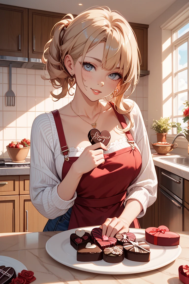 (small breasts:1.3), (perky chest:1.1), (pointed chest:1.0), (Pudding cake magazine cover:1.3),(from above:1.0),(from side:0.9),masterpiece, 1girl, Amazing Cleavage:1.1, thin waist, big ass, Raised sexy, small breast: 1.3, sexy posed cleavage:1.2,solo, open mouth, have a cute grass of cute beergrass,bronde hair, dark blue eyes, dress, bare shoulders, jewelry, collarbone, sidelocks, hairband, earrings, indoors, off shoulder, sweater, arms behind back, plant, short hair with long locks, gild hairband, sweater dress:1.2, off-shoulder sweater, red sweater, dark gord hair, big side hair, very long side hair,is rendered in (masterpiece: 1.2, best quality), with (ultra high resolution) and an exquisite (depth of field). This masterpiece is not only visually stunning but also tells,A scene of cooking in the kitchen in the classroom ,looking at viewer,