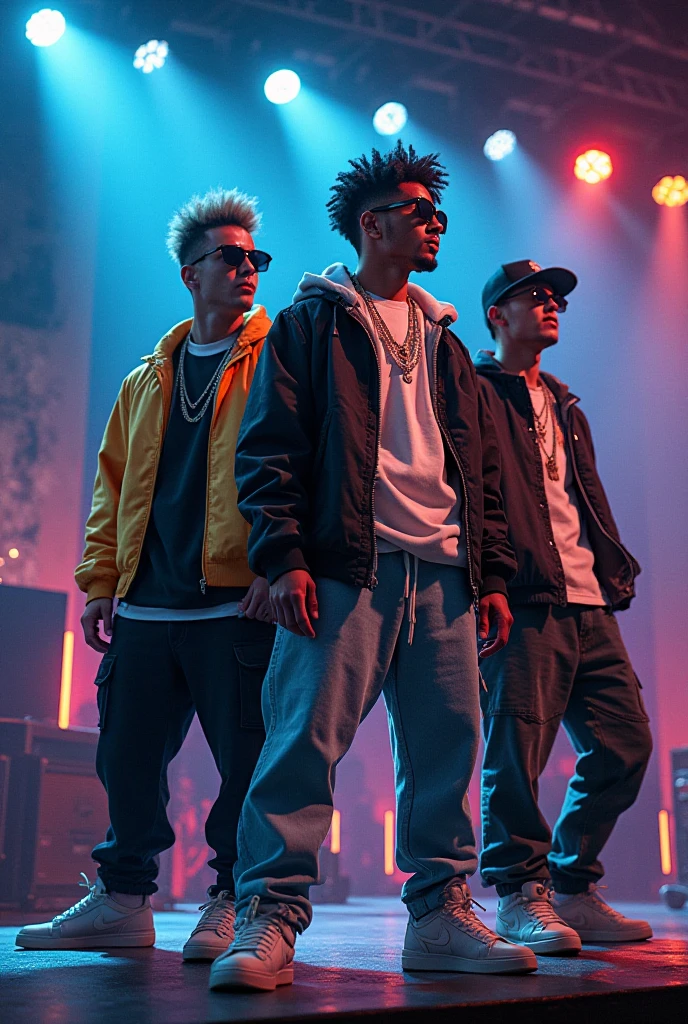 Three young black men with microphone singing rap
