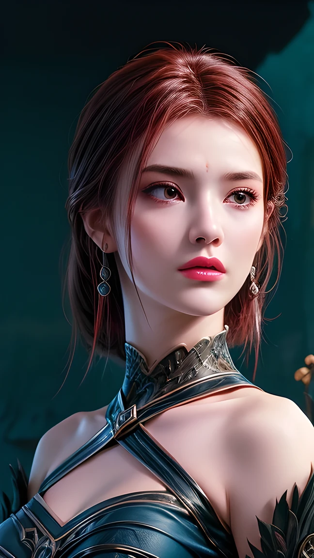 masterpiece, best quality, illustration, Super Fine, Meticulous attention to detail, high resolution, 8k wallpaper, perfect dynamic composition, Full body photo ,Full body close-up, Beautiful Detailed Eyes , red ress ,The face feels ecstatic , face in an orgasmic state,Slightly red face, looks at the audience, ((Ocean background)), in Mark Demsteader's style, Blue Dress,Blue Artifact ,Holding a trident。