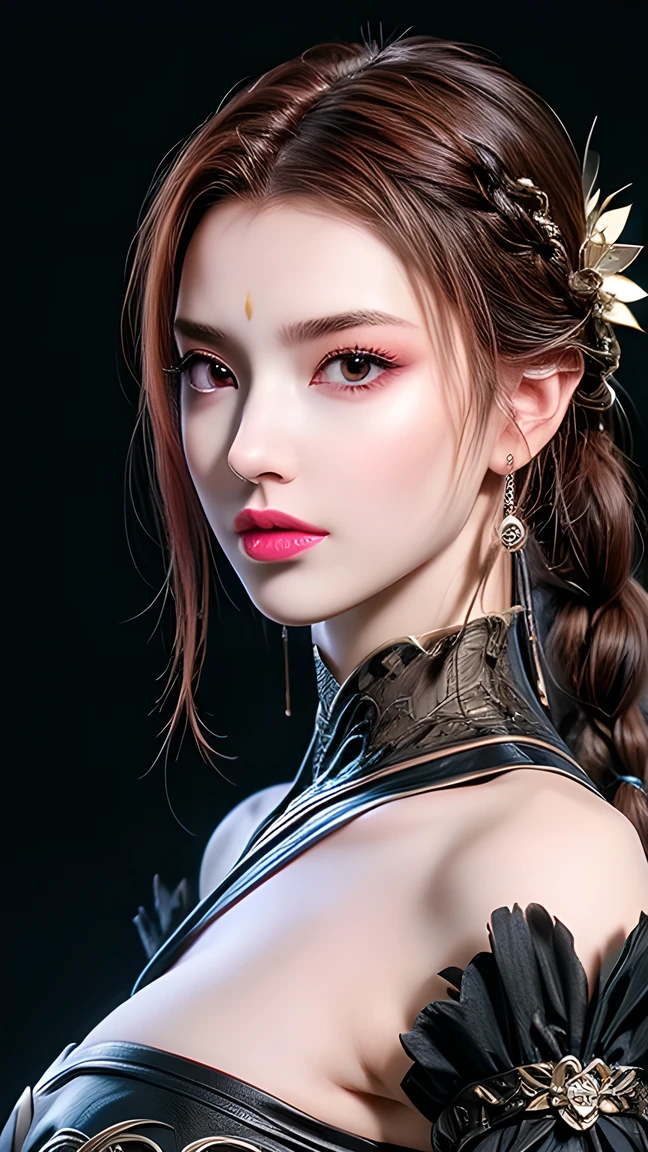 (((perfect number,number, alone, white and tender skin,((( cyberpunk, Chinese clothing , Chinese clothing , covering belly button, Bride Bracers , bare shoulders , pantyhose,))),((( Brown Eyes , braid, long hair, braided ponytail, single braid, Shoulder-length hair, bangs, blush, Lips))),(( masterpiece)), high resolution , ((Best quality at best)), masterpiece,quality,Best quality,((( Delicate facial features , looking at the audience ,Light in the eyes,((( open mouth ,Separate your Lips, Ah Heyan, and stick out your tongue))),型number:1.7))),(((Light and Shadow, huge breasts ))),((( looking at the camera , black background , facial close-up ))))