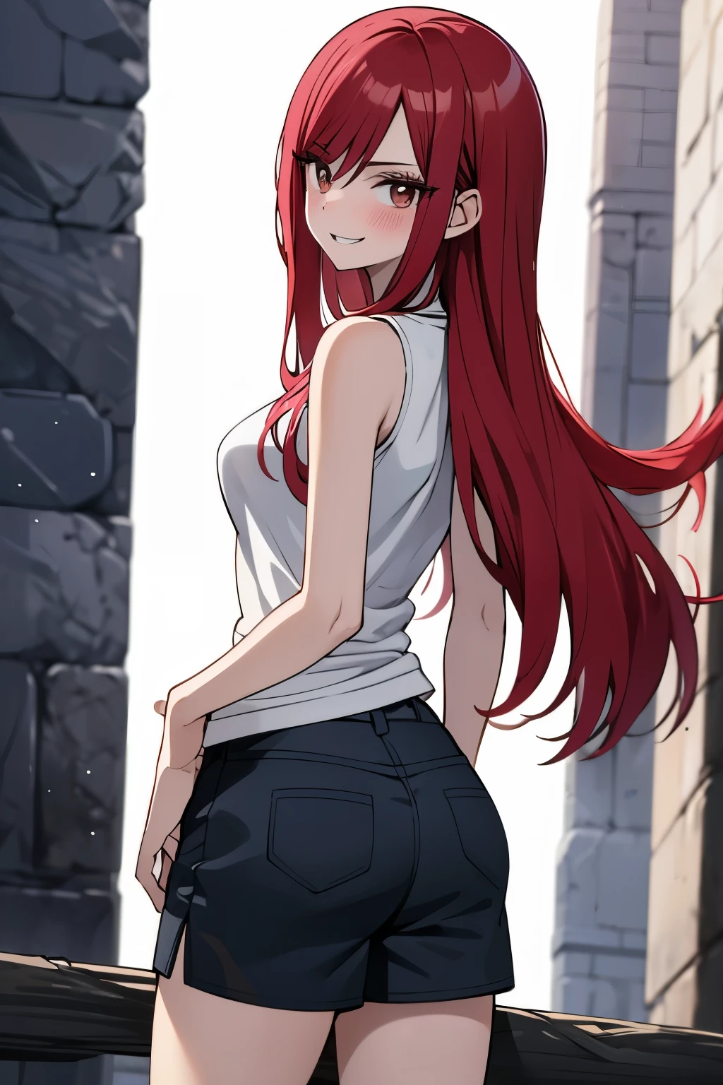 absurdres, highres, ultra detailed, young adult, Erza scarlet ,blush , solo, brown eyes, dark grey sleeveless t-shirt, black shorts, medium chest, medium ass, wide legs, looking at viewer, straight hairstyle, , long hair, flirty smile, posing for photos.