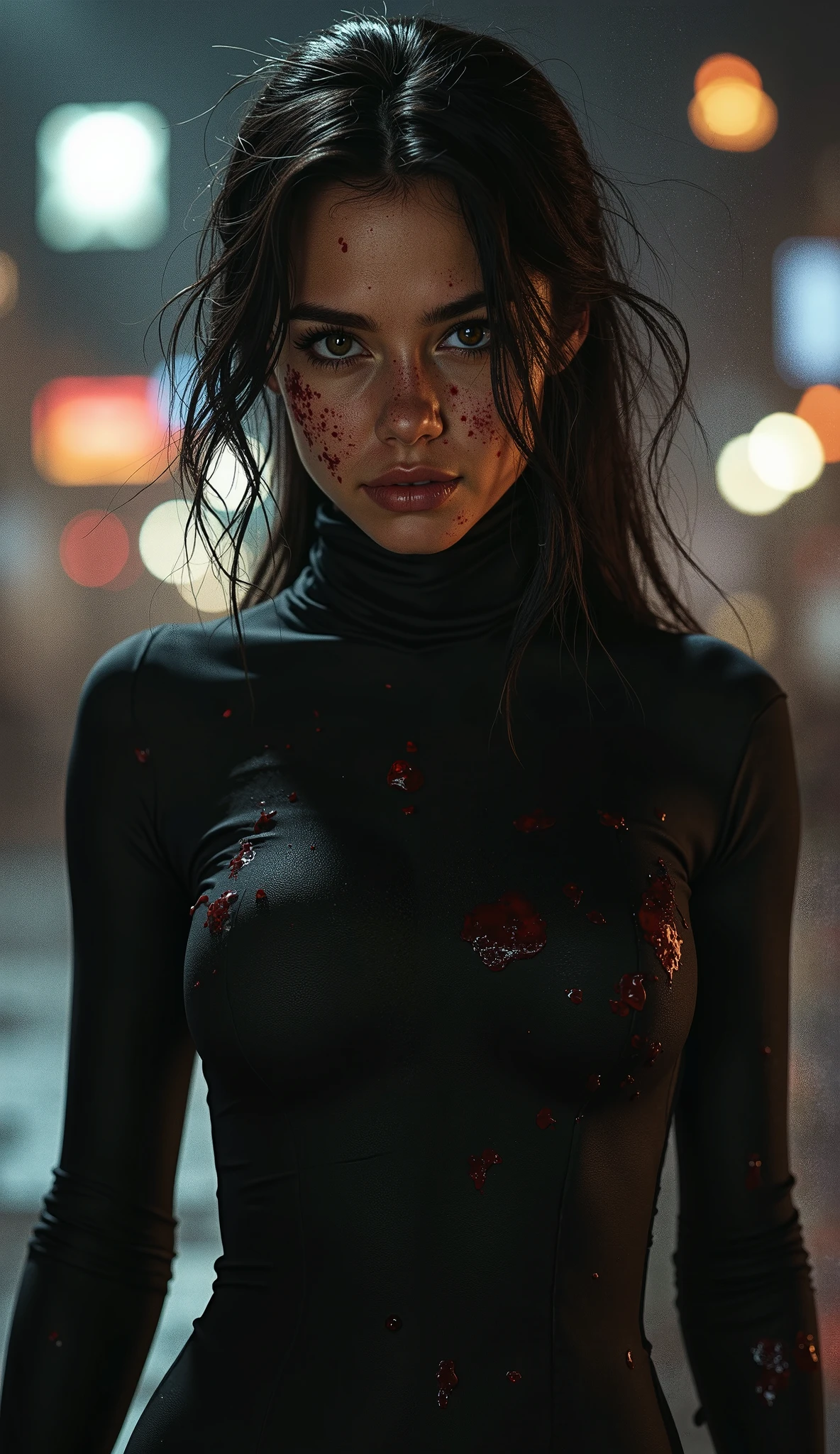 full body photo of Jo_in woman, Close-up photo of a dangerous and mysterious killer, serious expression, long black ponytail, tight bodysuit, night time Raby, (luminous golden eyes:1.2), ((best qualityer)), details Intricate, bright rear lighting, cinematic, cinematographic, medium shot, 4K, Frontlight, cinematic lighting(night time:1.1), (Raby:1.2), highly detailed skin, blood splatters, blood drops washing away in the Raby, cicatriz