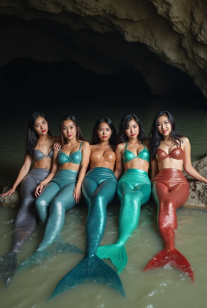 A group of young mermaid with admirable beautiful faces, mermaid tail below waistline, pool, night, moonlight, bra, large breasts, bra, long hair, red lips,