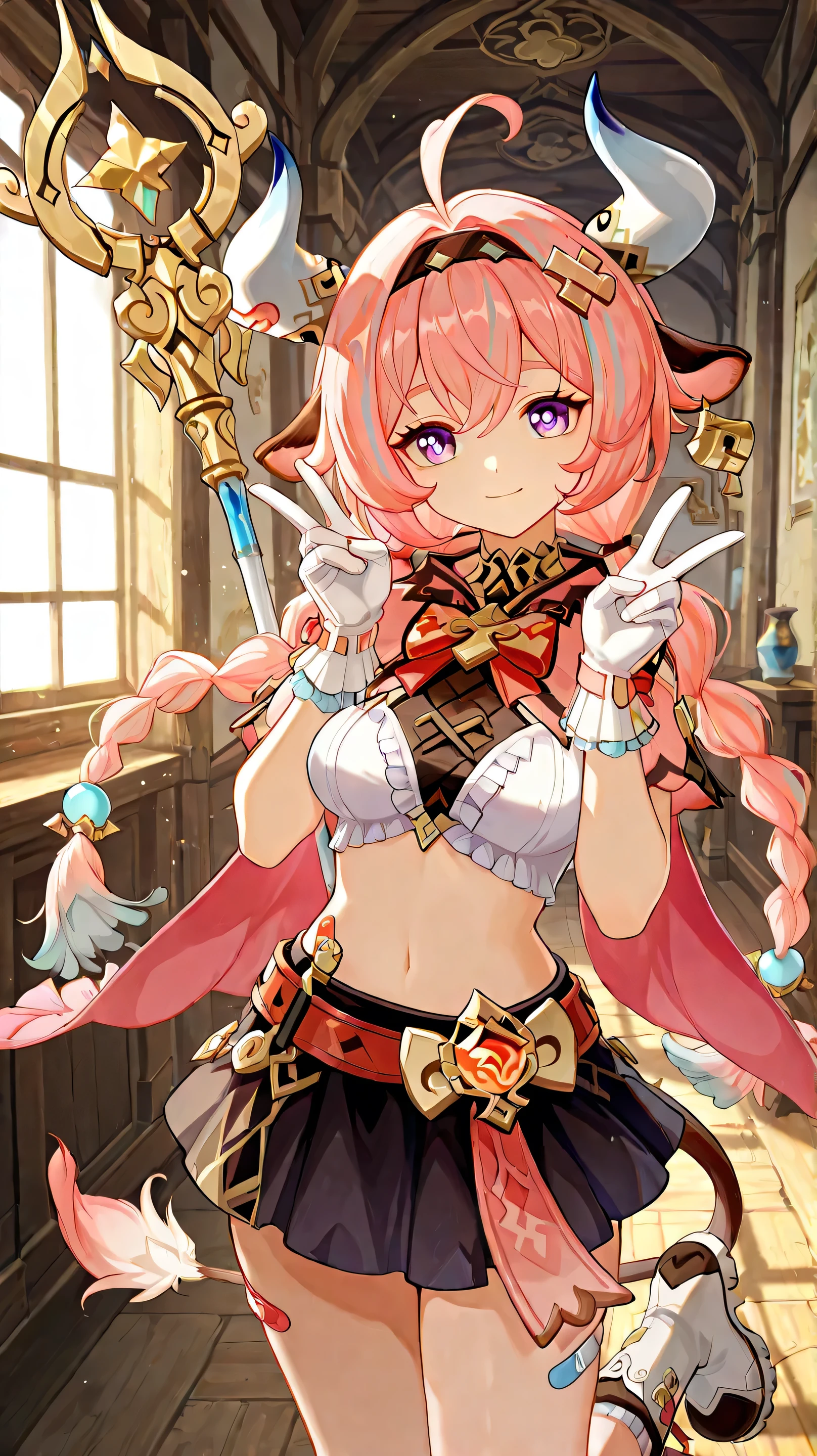 masterpiece, best quality, upper body, indoors, cinematic lighting, amazing quality, very aesthetic, absurdres, best quality, 4k, upscale,   Varesa, 1girl, solo, horns, pink hair, skirt, ahoge, animal ears, navel, purple eyes, bandaid, long hair, braid, black skirt, multicolored hair, smile, double v, twin braids, looking at viewer, midriff, bangs, hairband, cow horns,  hair ornament, cow ears, varesa, genshin  impact, Pink Cape,White ruffled blouse,Pink dress,A staff decorated with a star on the top and feathers,White folded short boots,Ruffled gloves,((White short boots))