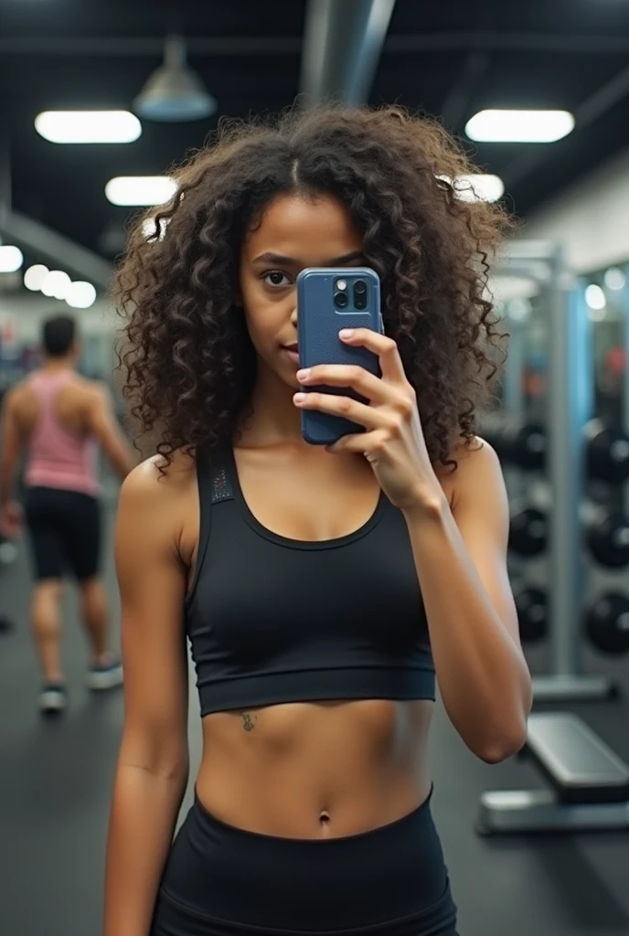 I am a man , 16 year old and 5'8 , light brown skin colour , fluffy hair going all around my head, make the image of me taking a picture of me with a Iphone Xr covering my face in a gym miror .