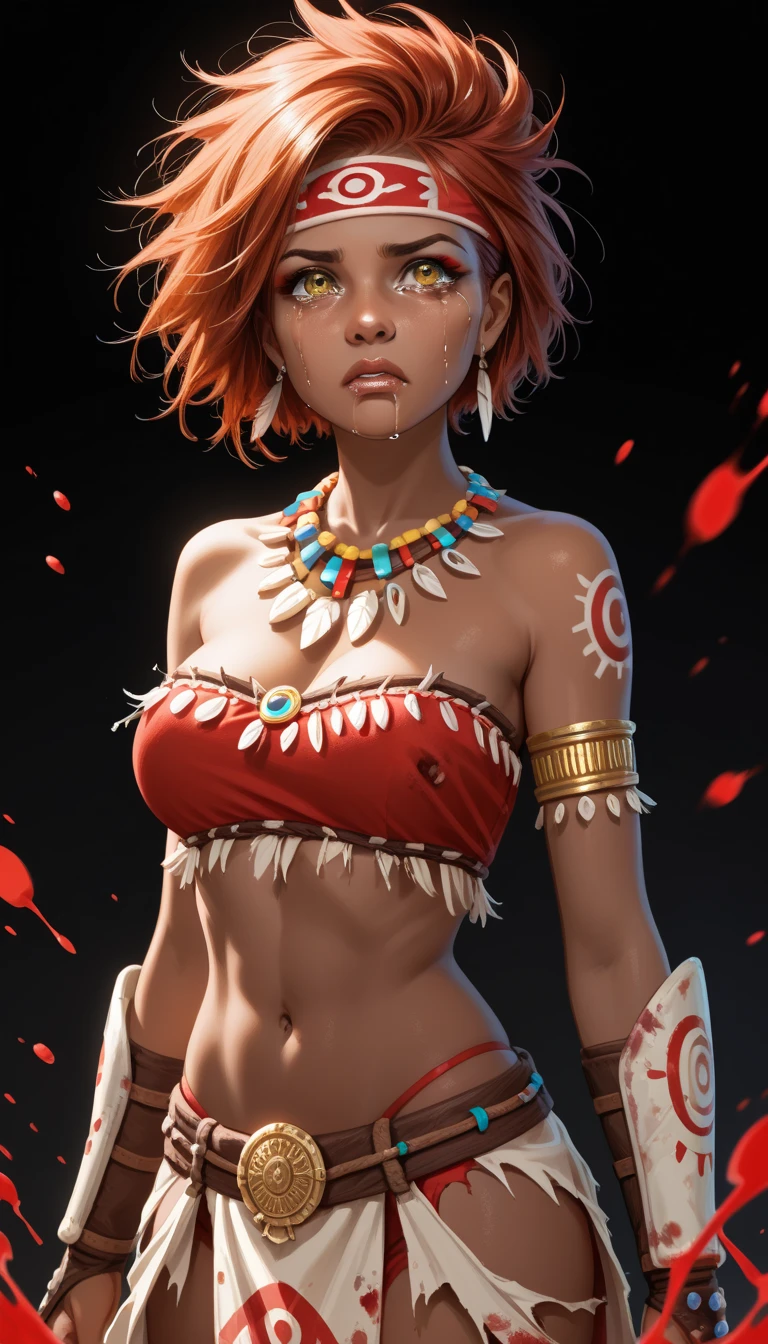 masterpiece, best quality, 8K RAW photo, film grain, realistic, <lora:alkaid-nvwls-v1:0.95> alkaid, antenna hair, black crop top, sleeveless, cleavage, gauntlets, black pants, clothes around waist, white overskirt, perfect figure, arm tattoo, red hair, <lora:weight_slider_v2:-.3> , simple background, black background