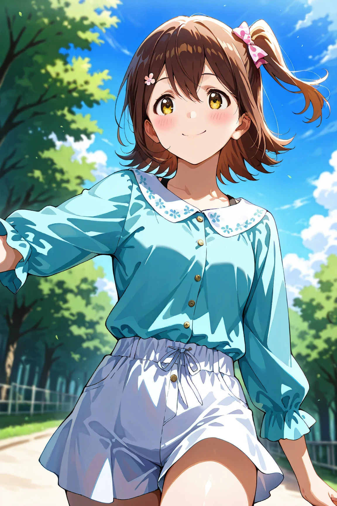 (Highest qualityのイラスト:1.2), (pretty girl:1.1), (1 girl、17 years old、Highest qualityのイラスト:1.2), (1 girl、smile、Small breasts、blue eyes)、Brown Hair、short hair、Wavy Hair、Curly Hair、Low Twintails、(Highest quality、Very detailed、Very detailed and beautiful、Ultra-high resolution) 、,{、White short sleeve shirt、Yellow Ribbon、Grey pleated skirt}、garden、blue sky、summer、Sweat、See-through