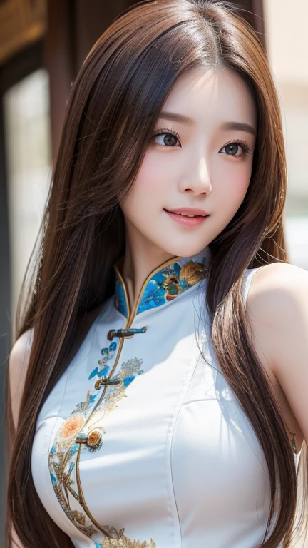 femele, Solo, Upper body, plain silk dress, florals畑, florals, Wind blowing through, Flowing hair ,Dynamic Angle, (floating colorful sparkles:1.1) , Elegant, Ultra-detailed face, Detailed eyes, Shiny skin, Lustrous lips ,(Official art, Unity 8k壁纸, ultra-detailliert, Beautiful and aesthetic, masutepiece ,Best Quality:1.Phototriaritic:1.3),Natural smile
