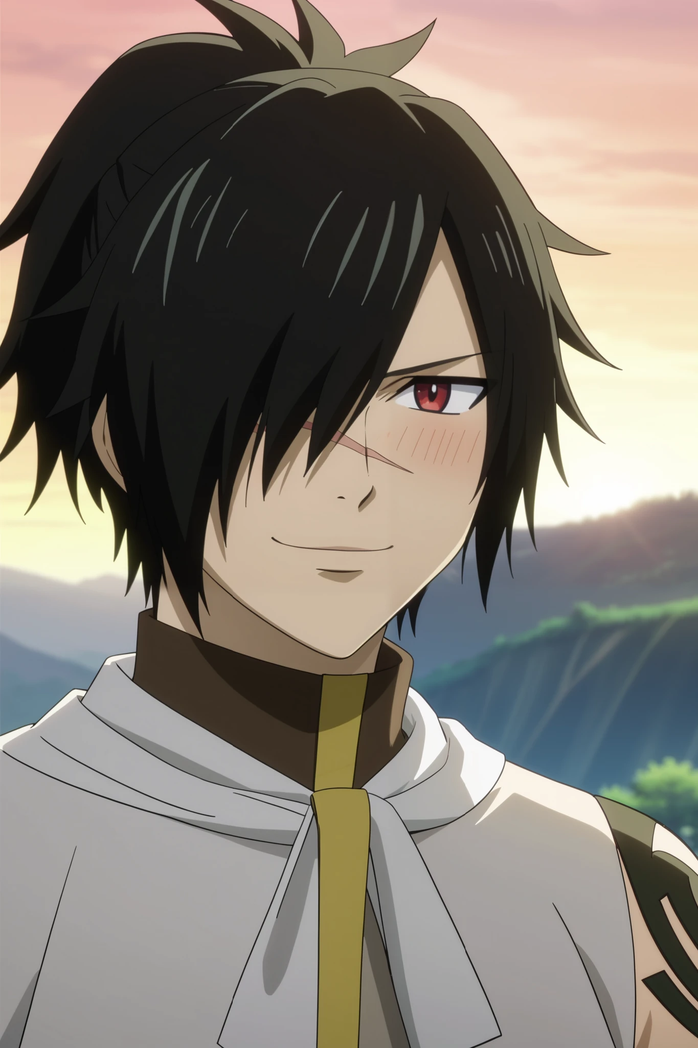 score_9, score_8_up, score_7_up, source_anime, rating_safe, rogue_cheney, black hair, red eyes, ponytail, hair over one eye, scar, tattoo, close-up, happy,, 1boy, male focus, anime screencap, best quality, official style, depth of field, looking at viewer, sky background with soft shadows, soft blue lighting highlighting his features, high-quality anime details, vivid colors, official style, Expressiveh, best quality, amazing quality, very aesthetic, high resolution, ultra-detailed, absurdres, newest, volumetric lighting, masterpiece, scenery, depth of field, BREAK, outdoors, Magnolia background, BREAK, male, solo, male focus, BREAK, standing, looking at viewer, thighs, BREAK ((smile, happy, blush, tender smile, tender expression))