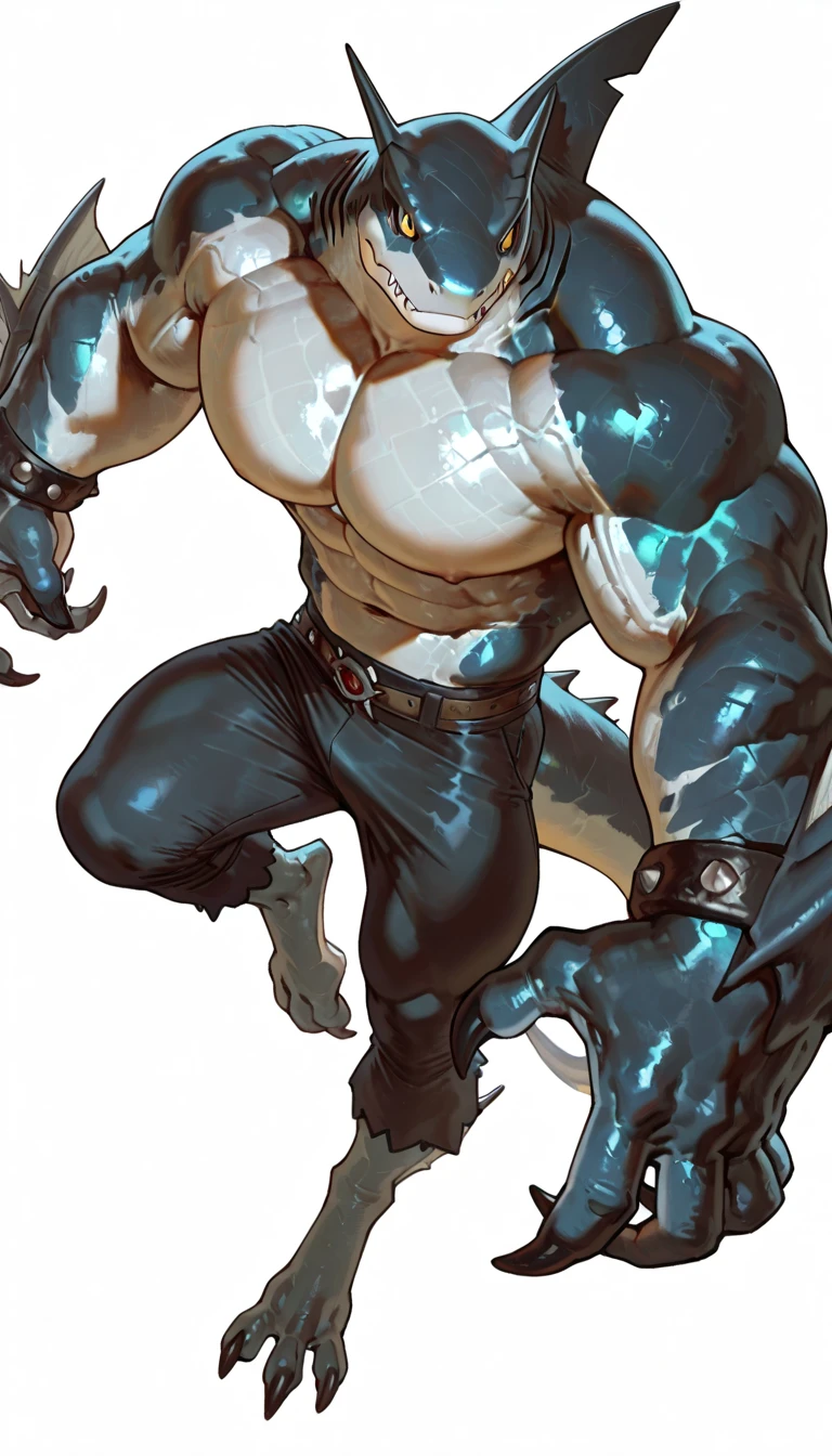 solo, anthro, male, ultra details, T-Rex, ((ultra detailed muscles)), (T-Rex print), black scales, white belly, black short spiny scales, bedroom, standing up, bodybuilding pose, front double biceps pose, bodyguard outfit, black claws, red eyes, slit eyes, slim fit, muscular slim, menacing, sexy, handsome, flirt, ultra detailed slit eyes, pecs, hind leg, tail, looking at viewer, (Masterpiece, by null-ghost, ultra hi-res, 8k), naked torso , black posing trunk, front point of view.