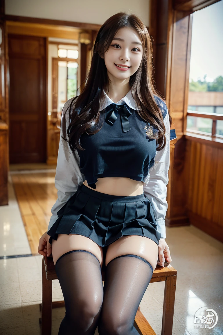 top-quality、in 8K、Super masterpiece、Photorealsitic、Raw foto、realisitic、1girl in、Grinning、25-years old、Wavy Hair、high-school uniform、a black skirt、Dark hair、is standing、skirt rift、(white  panties)、From below