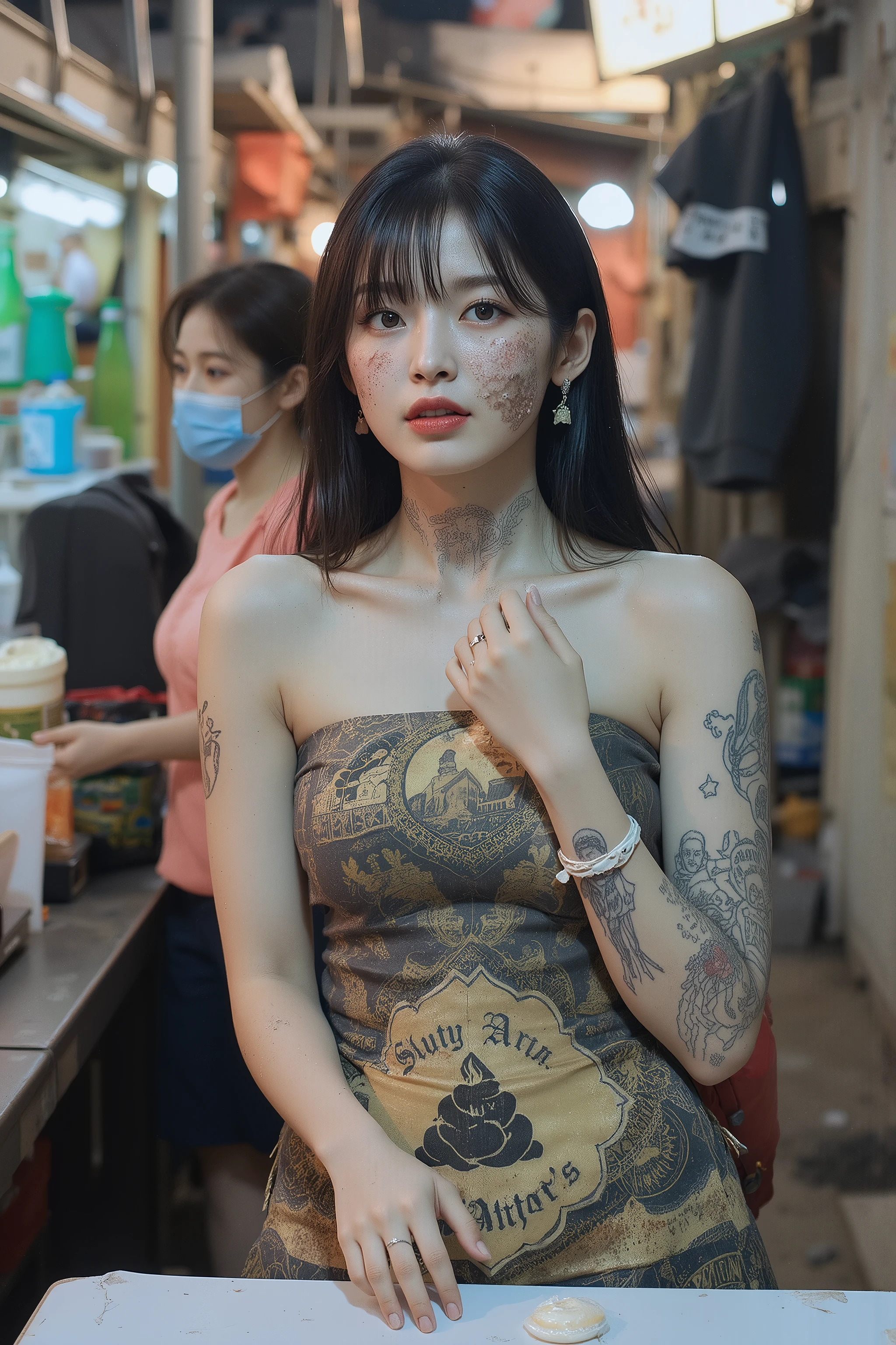 NSFW,
Film camera depiction,
Taken with a high-dispersion high-end lens,
Wide-angle lens,
Full-body shot,
at night,
A beautiful Korean girl is attracting customers at in the slums,
Her face has large burn scars,
((The burn scars have become ugly keloid scars)),
She was a member of a Korean idol group but retired due to her burns,
Before she ended up in this slum, she was used by bad people and had scars all over her body,
She has many tattoos,
One of them is a picture of poop,
Another has the words "Sluty Arin" carved into it,
In the slums, she became very dirty,
She has lots of bumps and pimples on her skin,
She wears tube top and short skirt that look like rags,
She smells like filth,
She is high on drugs,
She does not refuse any sexual acts,
She will even have sex with a dog,
hovels and two- or three-storey rundown apartments built close together,
very narrow alleys where it's difficult for people to pass each other,
used condom,
she is second hands,