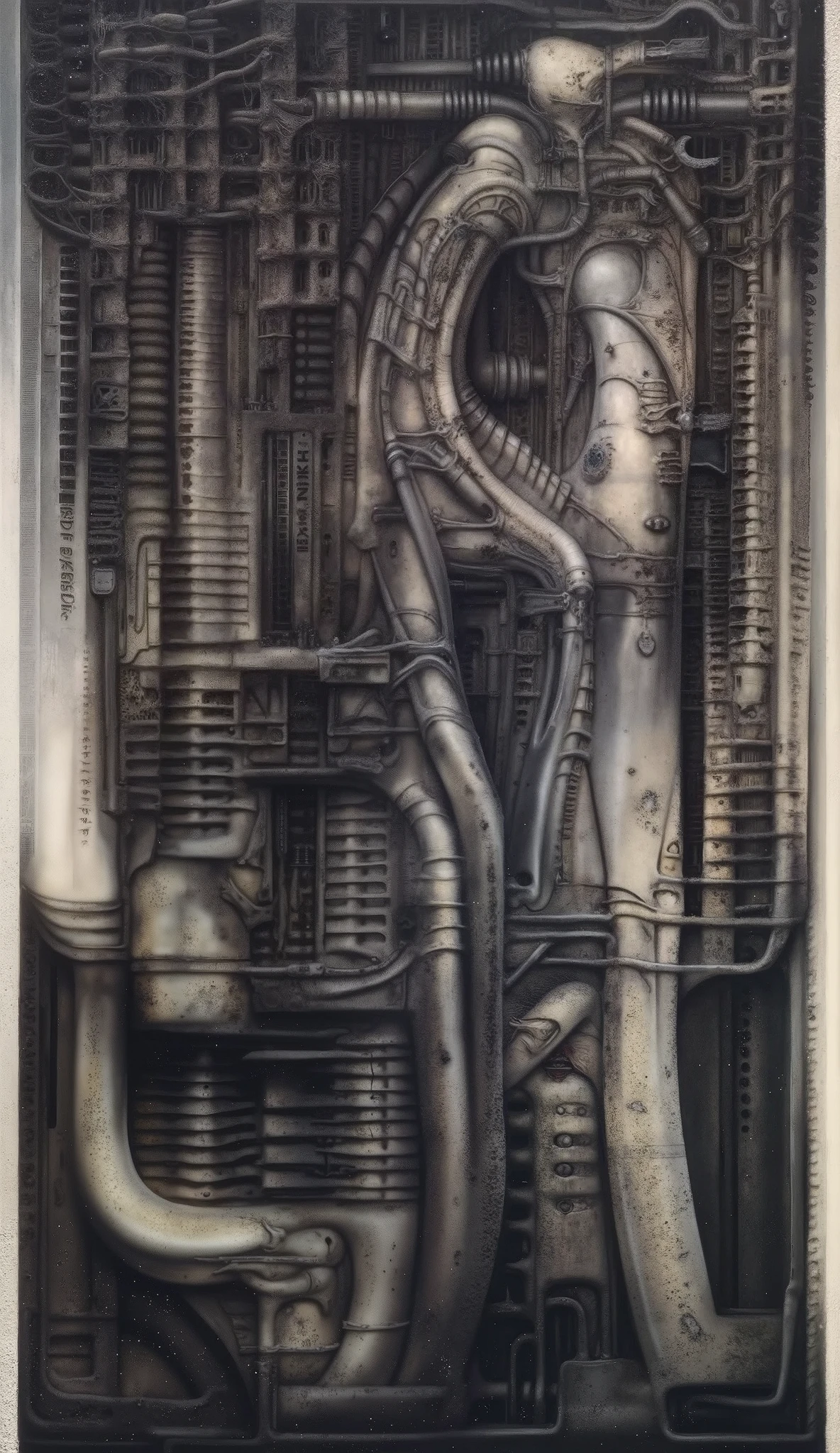 Please reproduce the original image as accurately as possible, capturing the intricate details of the biomechanical structures, the dramatic lighting, and the overall sense of unease. Find and enhance depiction of Giger's demons and creatures.(best quality:1.4). Use DARK BLACK COLORS.The final image should evoke the same sense of awe and dread as the original artwork by H.R. Giger,, (best quality:1.4), H.R. GIGER,  BY GIGER