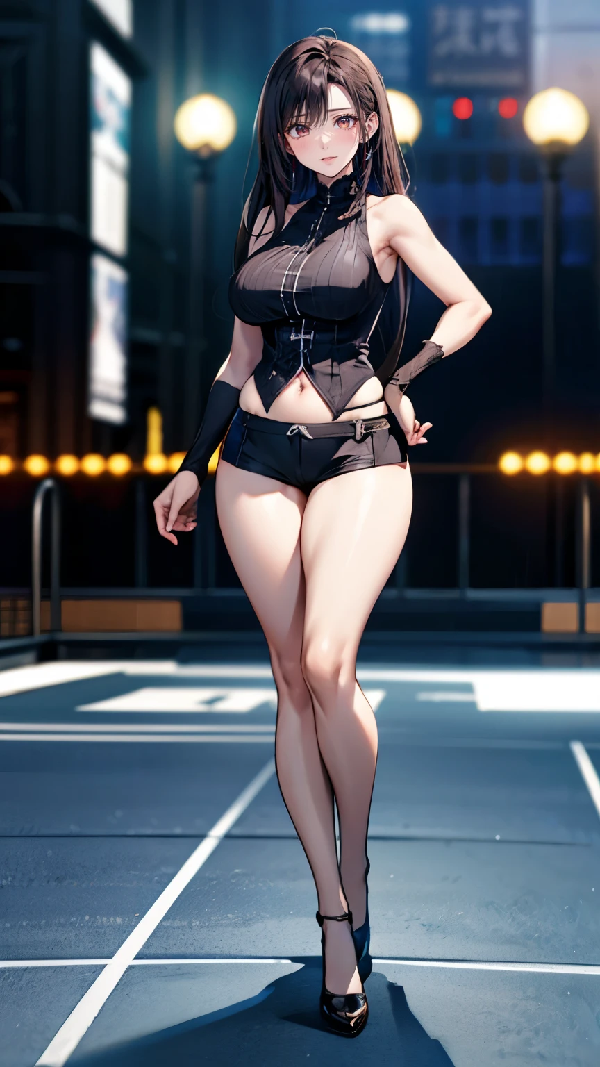 ((masterpiece,best quality,8k,highres)),((character concept art)), 1 female, adult female, warrior, 175 cm height, short hair (red hair colour), ultra finely detailed eyes (red eyes colour), extraordinary handsome, charming, smirk smile, shapely breasts, hourglass body shape ((muscular)), ((intricate detail)), super finely detailed hands, ultra finely detailed fingers(((ten fingers))), (sheer tank top),(black colour outfit), short hot pants, high heels, necklace, earrings, (standing still), (full body showcase), (show full body), (no logos on background), (no logo), ((plain background)), ((empty hands)), ((plain background)), (((empty background)))
